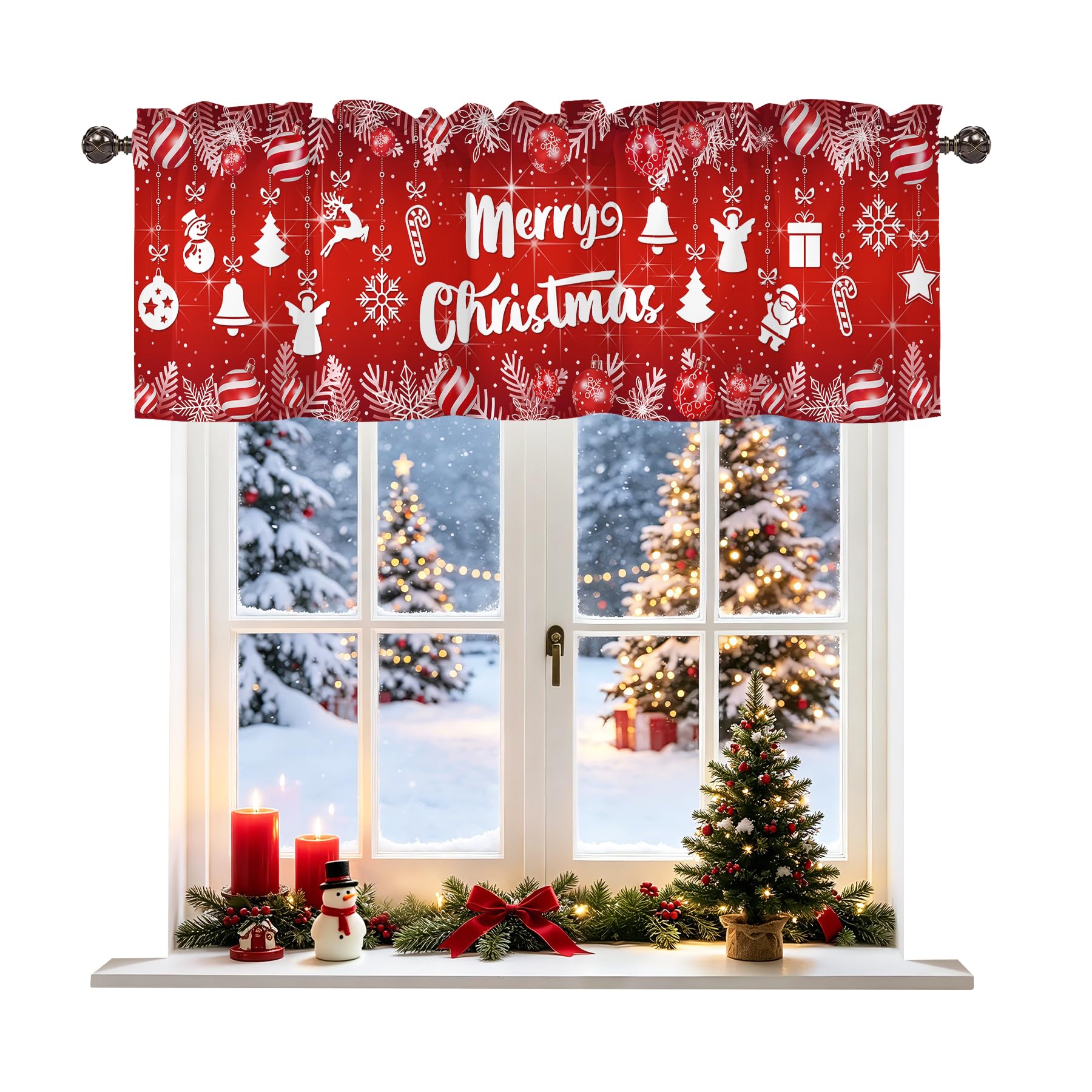 Christmas Snowman Xmas Balls Red Valance for Windows, Rod Pocket Short Curtain Topper for Kitchen Bathroom Laundry Basement, 42W x 12L Inch