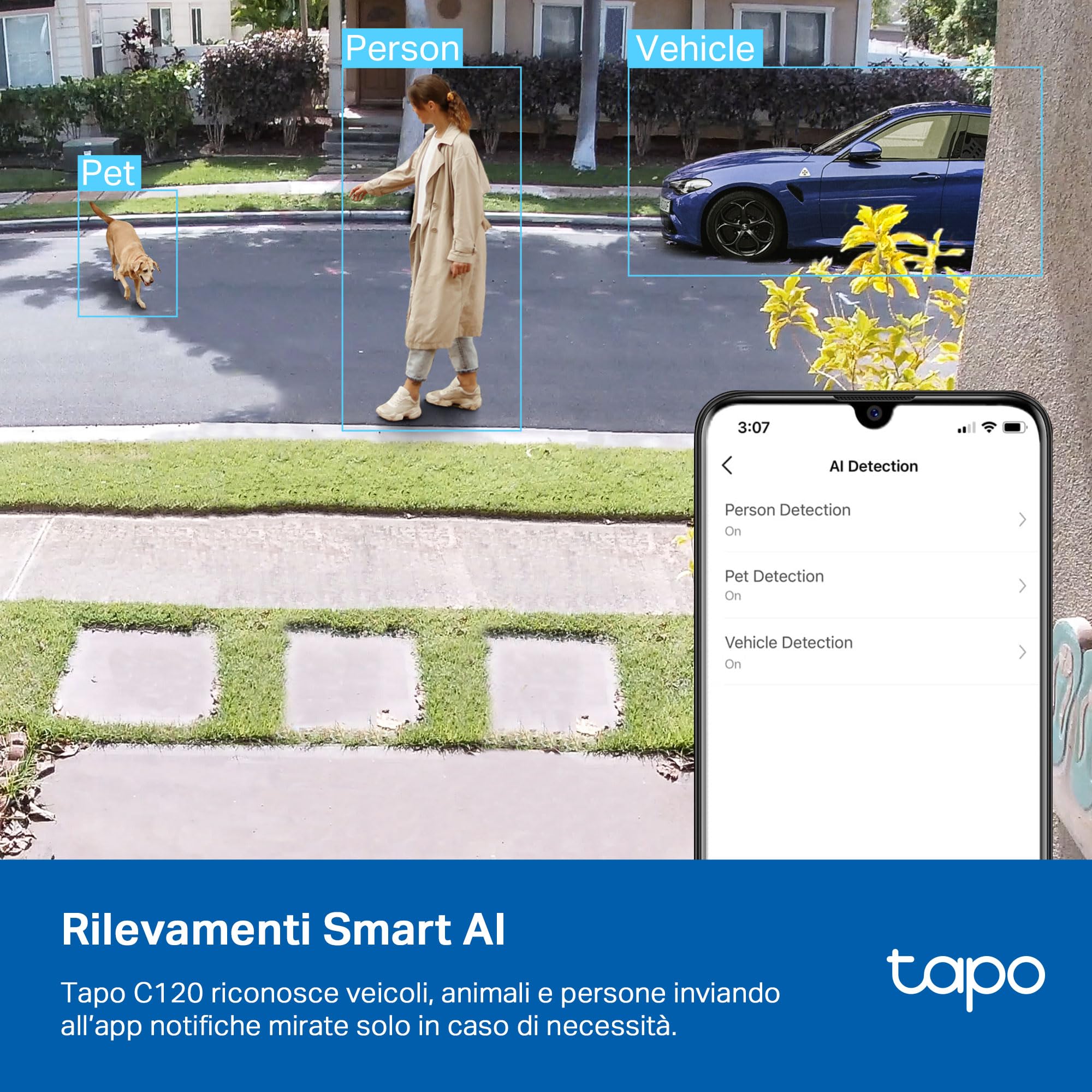 Tapo C120 Telecamera Wi-Fi Esterno & Interno, Videocamera Sorveglianza 2K 4MP, Sicurezza Domestica AI, Visione Notturna, Installazione semplice, Base Magnetica, IP66 Resistente Alle Intemperie, Alexa