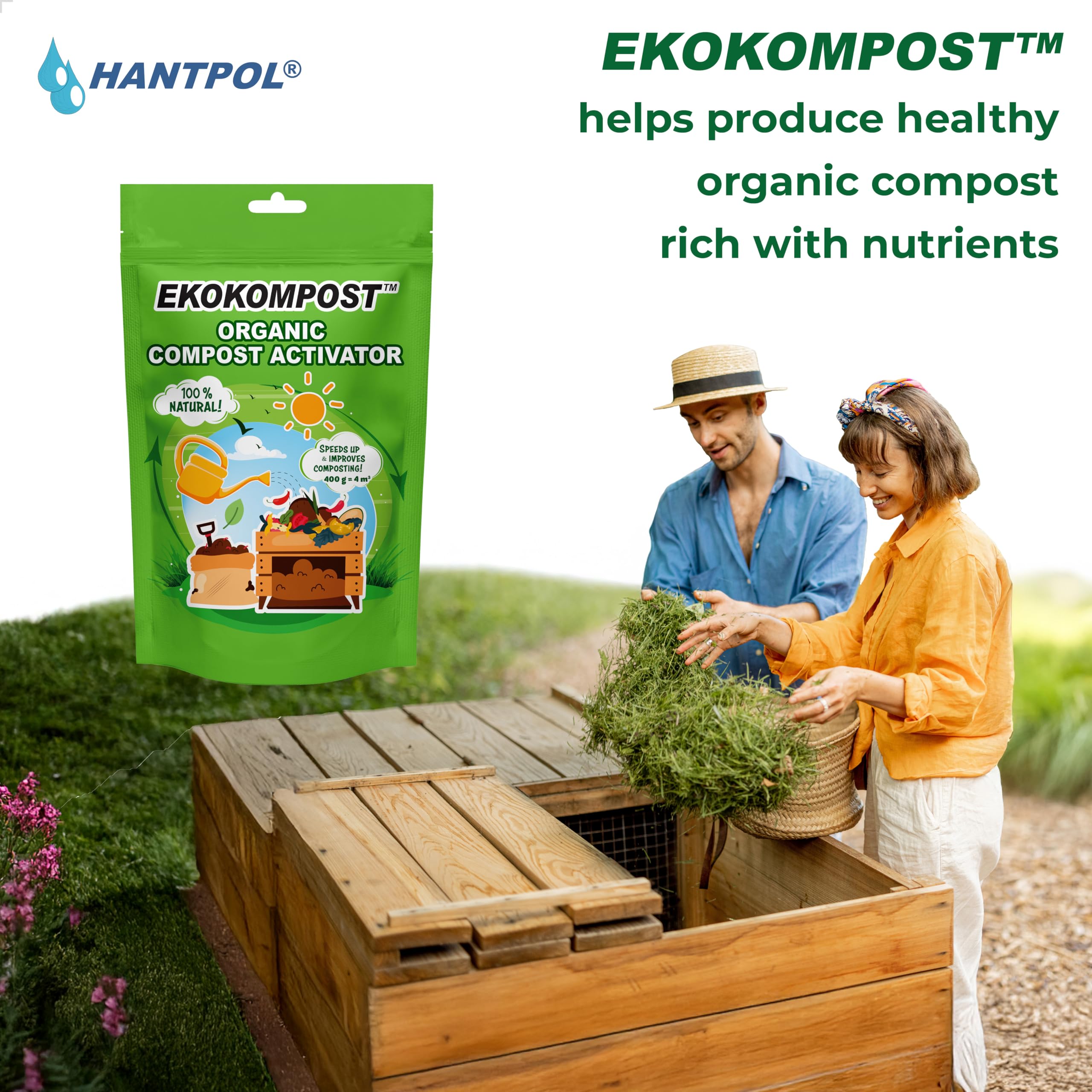 EKOKOMPOST przyspieszacz kompostowania - Naturalny mikrobiologiczny środek wspomagający kompostowanie -Pożyteczne bakterie i grzyby - 2x 400g na 8000 litrów/8m3 kompostu