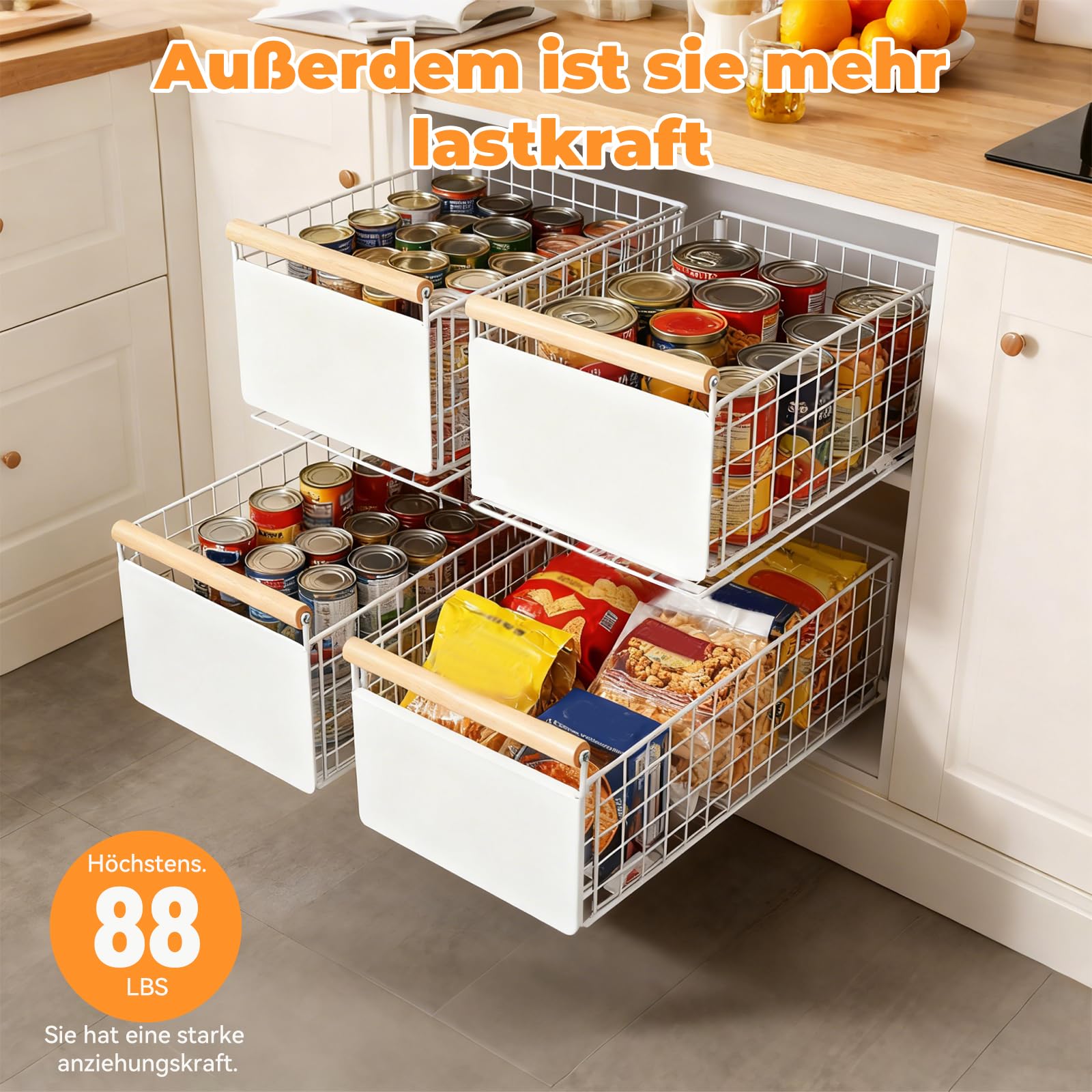 Teleskop-Schubladeneinsatz für Küchenschränke – Ausziehbarer Schrankorganizer 38x23x18,5 cm, Montage mit Klebepad oder Schrauben, Leises Schienensystem, Organizer (4er)