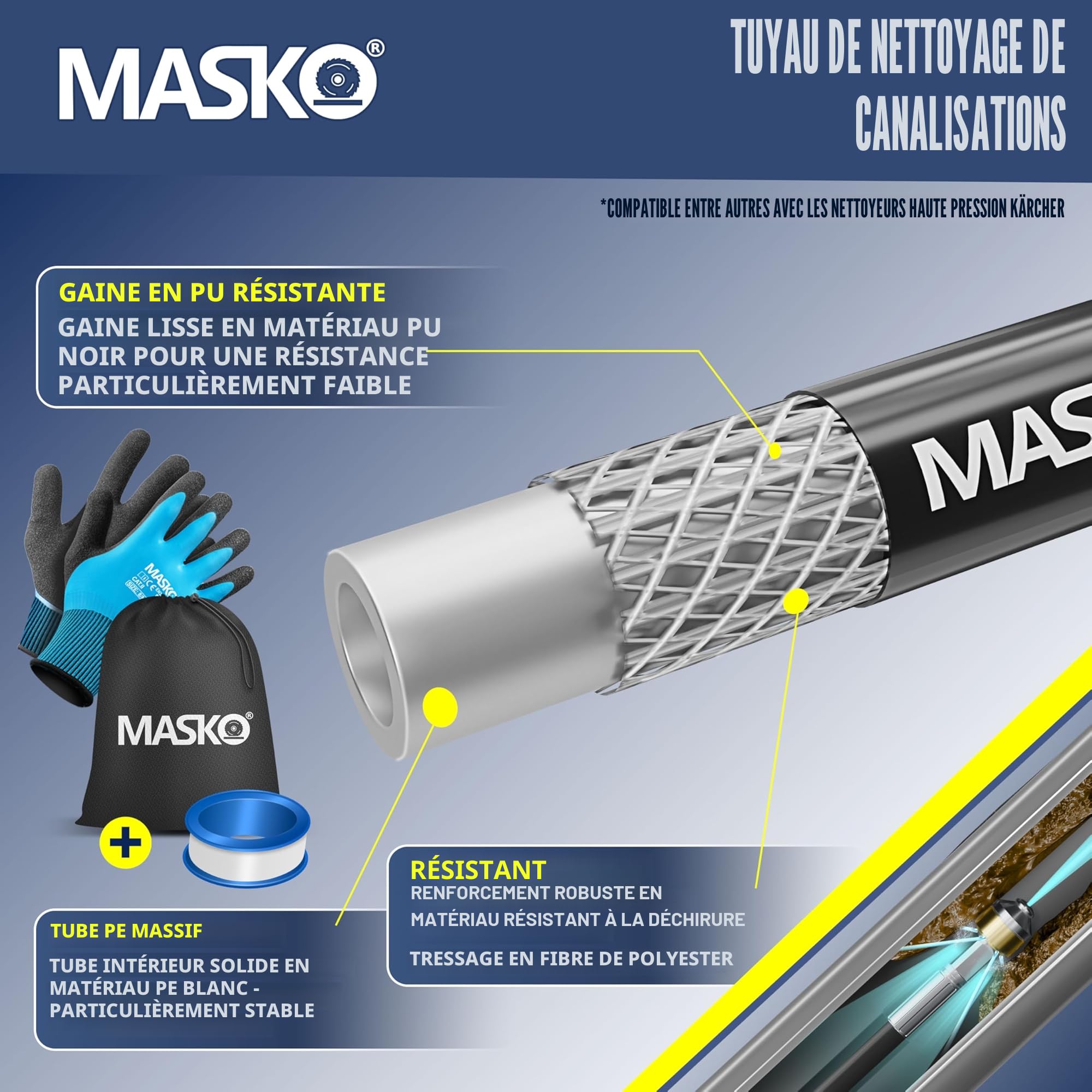 MASKO® Débouche canalisation premium Kit de débouchage 200 bars, sac 3 adaptateurs 2 buses + système rotatif inclus compatible avec le nettoyeur haute pression Kärcher k2-k7 LAVOR kit universel, 30m