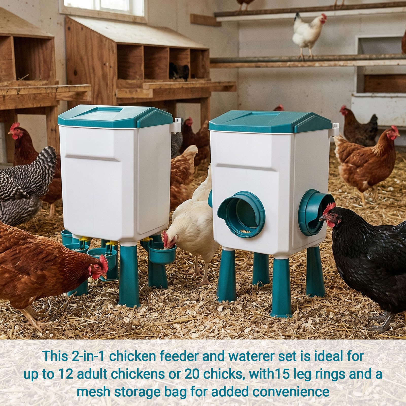 Comedero de pollo de 12 kg y dispensador de agua de pollo de 11 L, comederos y bebedores de pollo con 15 anillos de patas de pollo y ganchos en S, alimentador automático de aves de corral con patas