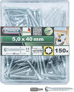 Connex Holzverbinderschrauben 5,0 x 40 mm - 150 Stück - TX-Antrieb - Mit Unterkopfverstärkung - Verzinkt - Inkl. Bit - Made in Germany / Winkelbeschlagsschrauben / Schrauben-Box / HV4550