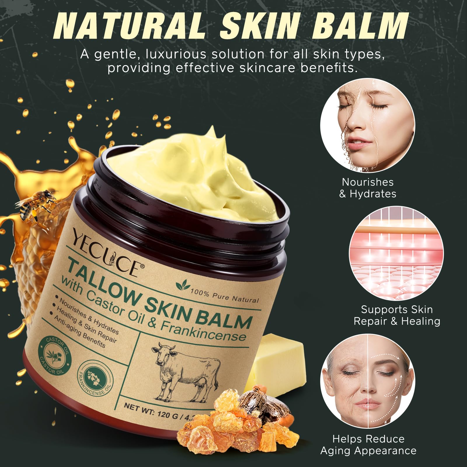 Beef Tallow Oil & Castor Oi l & Frankincense O il Cream, 3in1formulation, Organic Grass Fed Tallow Balm, Natural Castor Oil And Frankincense Essential Oil, Moisturising And Anti-Ageing 120g - Image 4