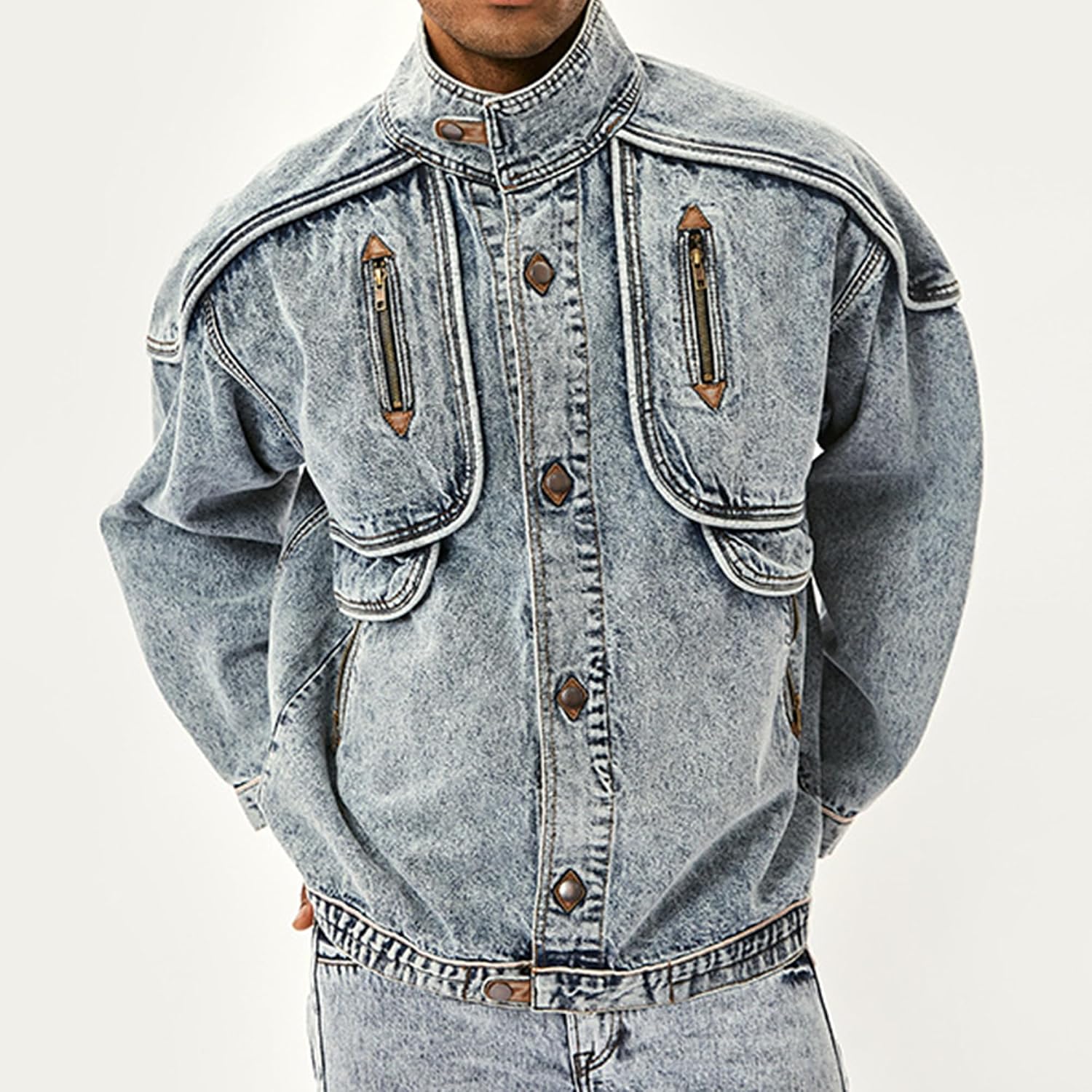 Men Distressed Work Lapel Denim Jacket Vintage Loose Street Work Jean Jacket Fall Classic Comfy Button Denim Outerwear