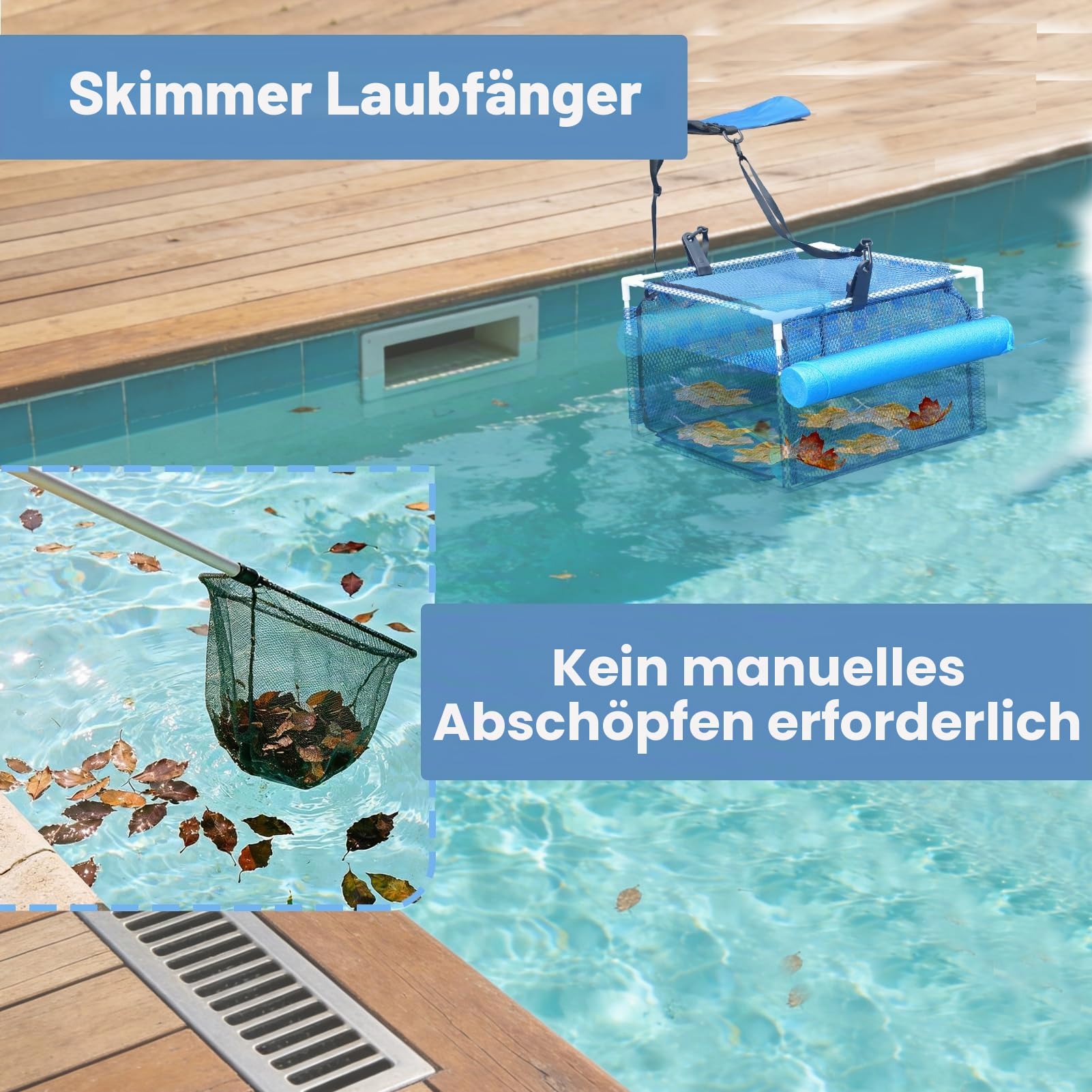 Schwimmbad-Schmutzfilter, Schwimmender Skimmer, Stabiler Pool-Laubkescher, Oberflächen-Schmutzfänger, Ganzjahrespool-Laubfänger, Blau