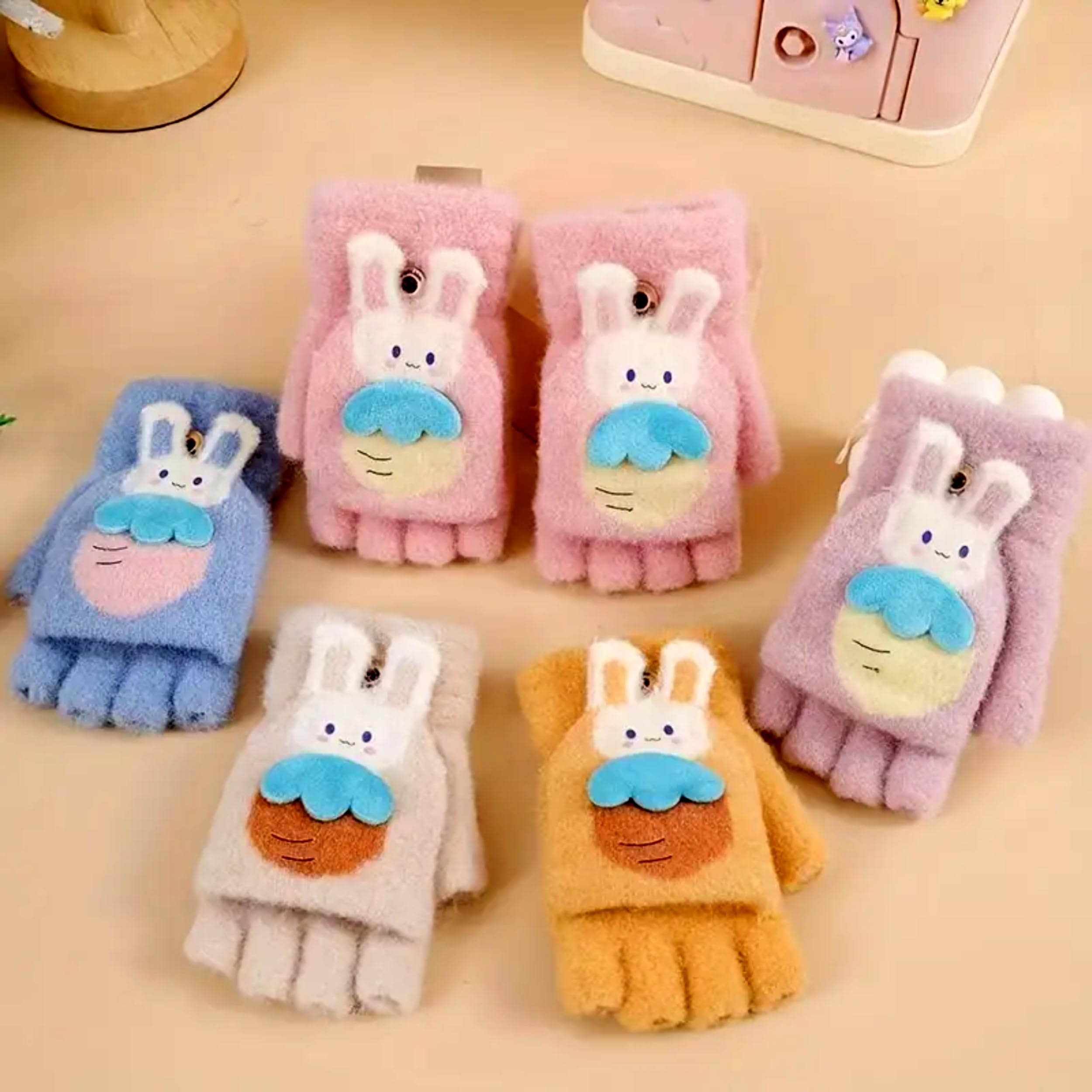 Khwaish Store Girl's Winter Soft Plush Cute Bunny Design Carrot Half Finger Gloves Mittens Soft Warm Over Flip Five-Finger for Toddlers Kids (2, Multicolor, 3-4 Years) - Image 2 thumbnail