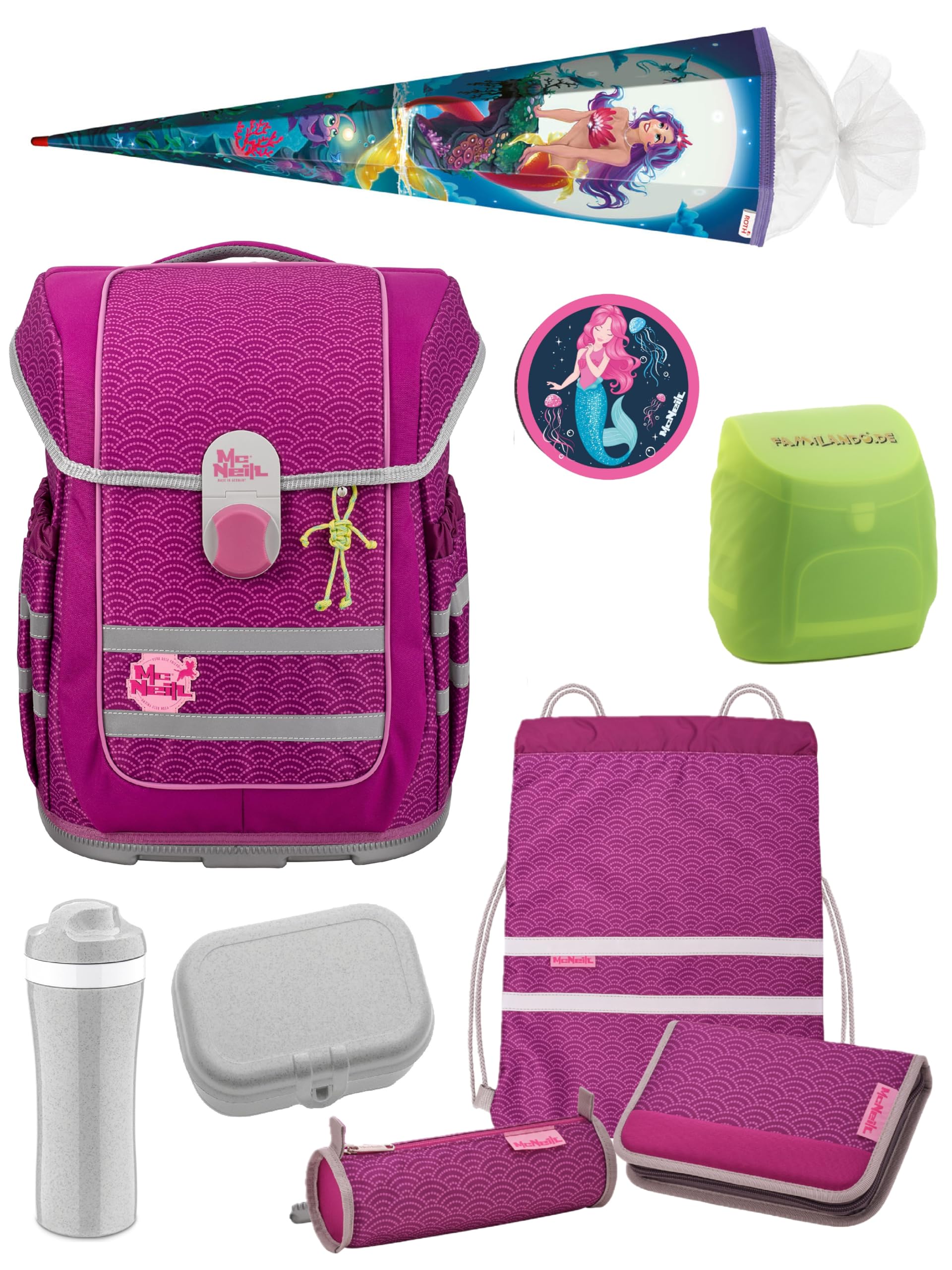 Familando - McNeill ERGO COMPLETE Schulranzen Set - 9-teilig mit Schultüte - Meerjungfrau - Ergonomisch & 3-fach verstellbar - 1150g leicht mit 20L Volumen & Reflektoren - aus recyceltem Ocean Plastic