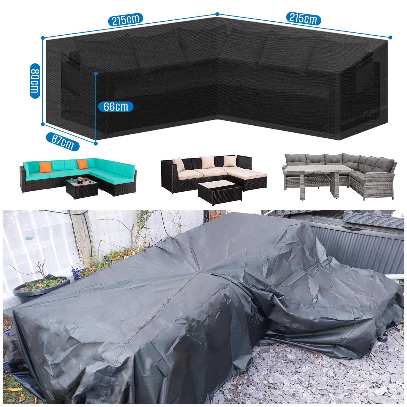 SIRUITON Muebles de Jardín en Forma de V, Tela Oxford 420D, Funda de Sofá de Esquina para Exteriores con Cinta Impermeable, Ratán (215 x 215 x 87)