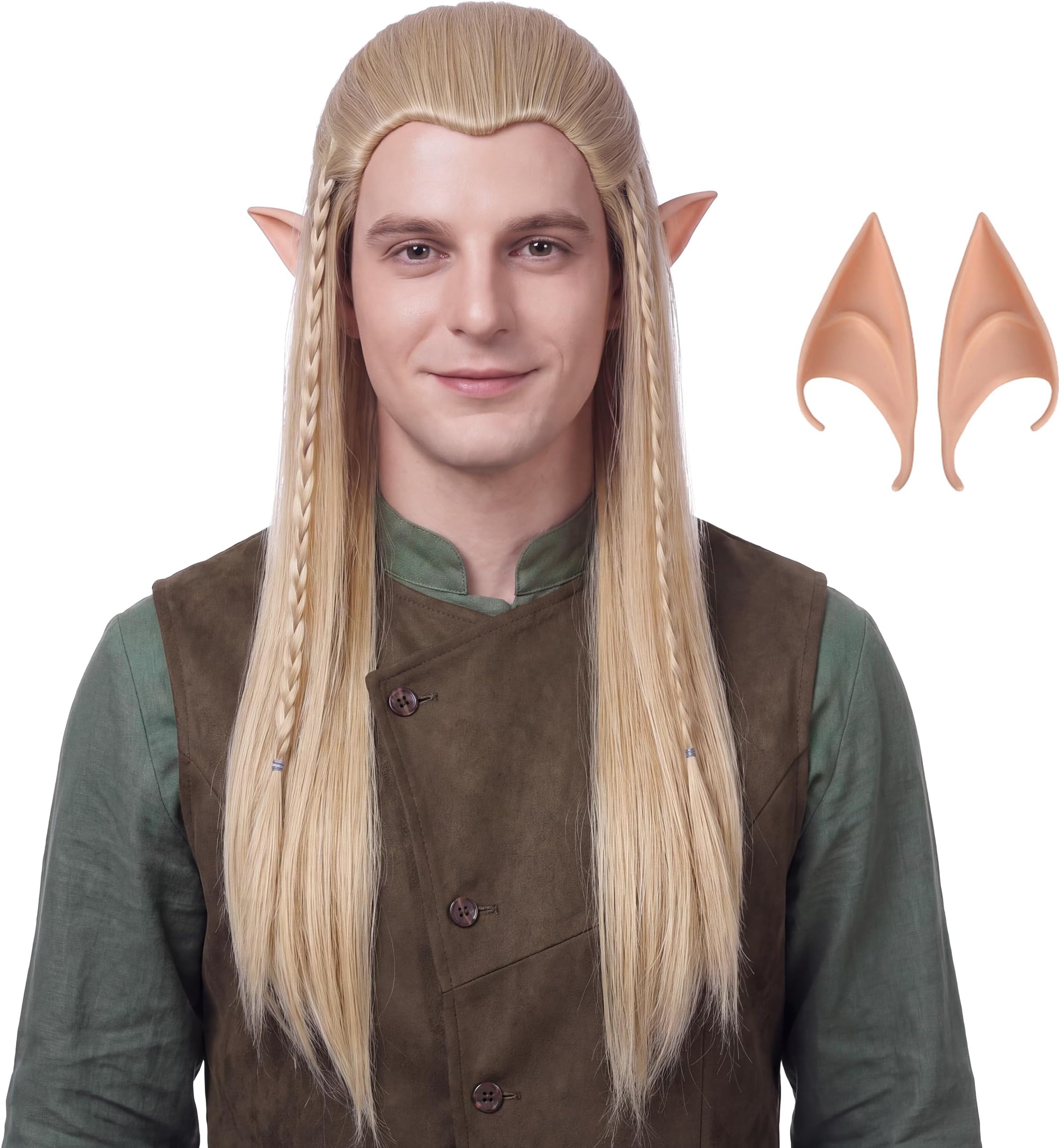 29.5In Long Straight Ash Blonde Braided Wig With Elf Ears For Men