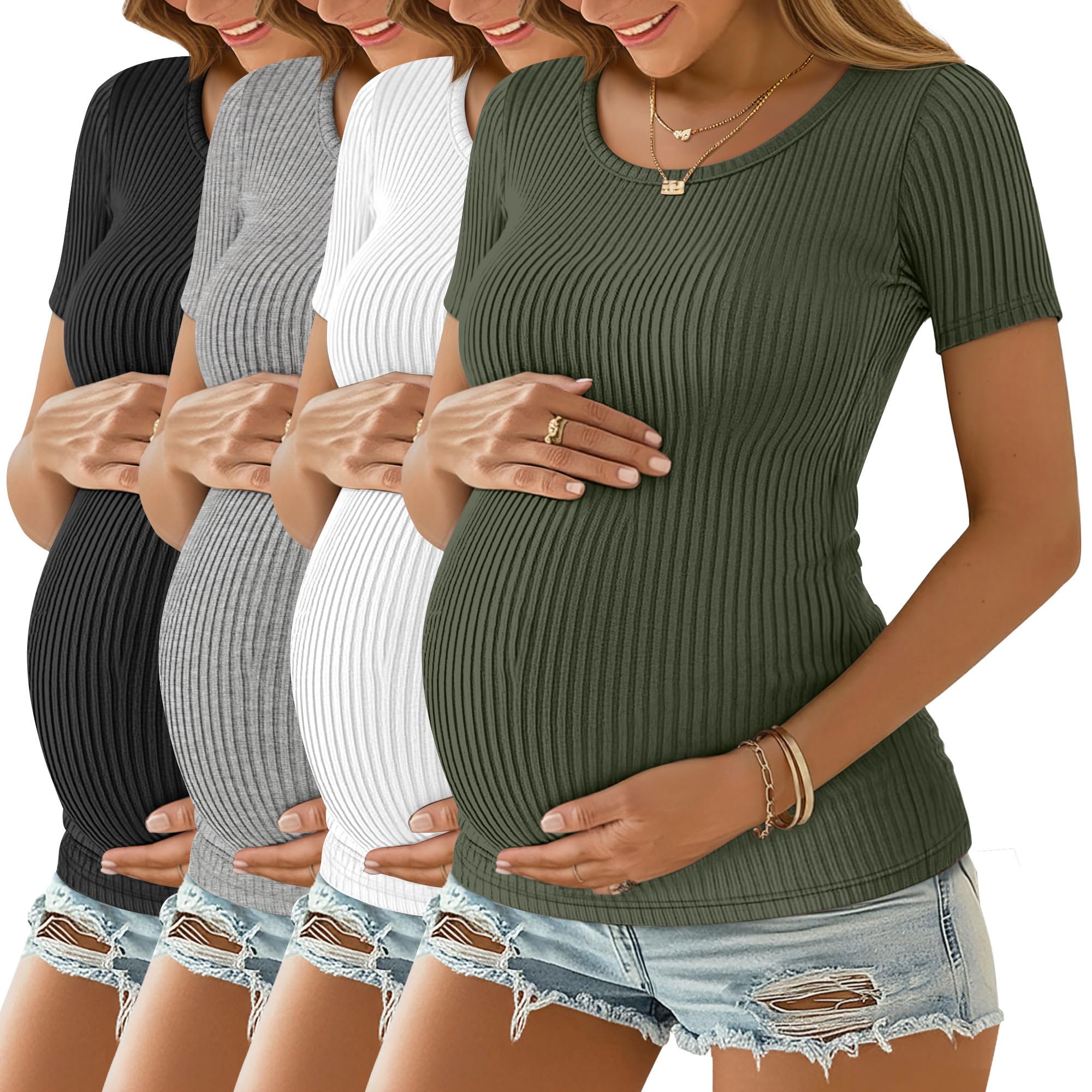 Oakgarden 4 Pack Women's Maternity Shirts | Ribbed Knit, Pregnancy, Short Sleeve Tops, Crew Neck, Tunic Tees, Casual, Summer Clothes