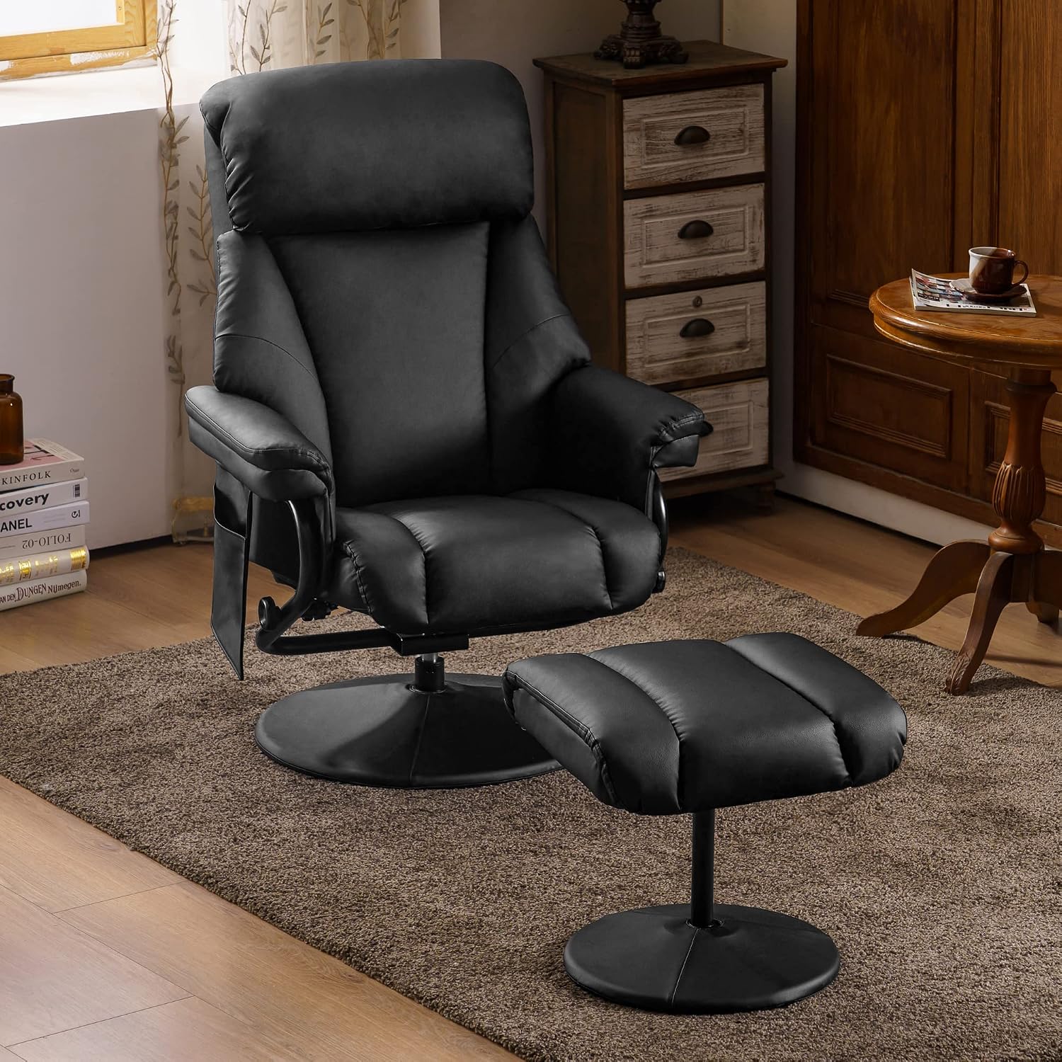 MCombo Swivel Recliner with Ottoman, TV Chair with Vibration Massage, Ideal for RV Small Space, Living Room & Bedroom 4539 4828 (Faux Leather, Black)