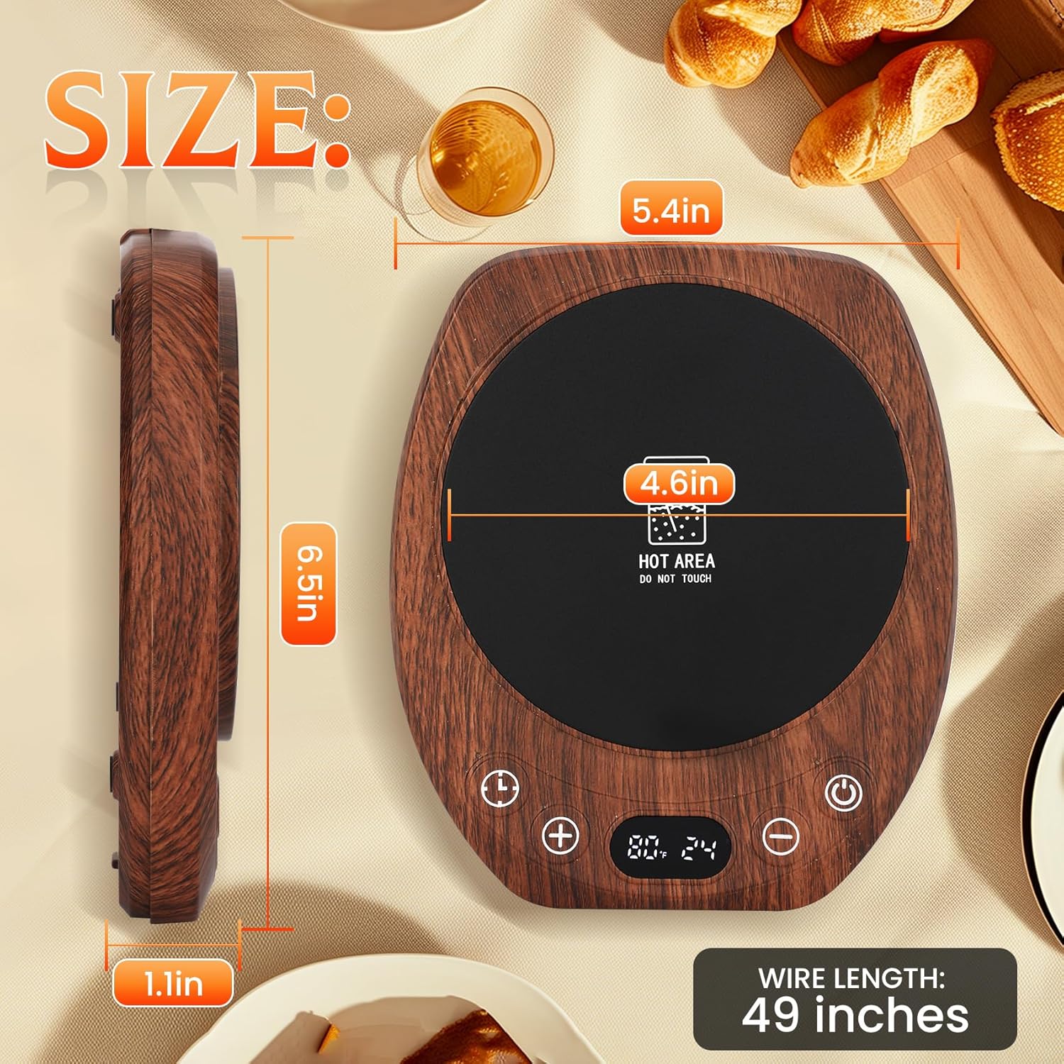 Sourdough Starter Warmer Mat with Glass Dome Precise 1°F Thermostat Control (70-104°F) 0-24H Timer Automatic On/Off Sour Dough Warmer and Glass Cover for Home Baking（Wood Grain） - Image 3