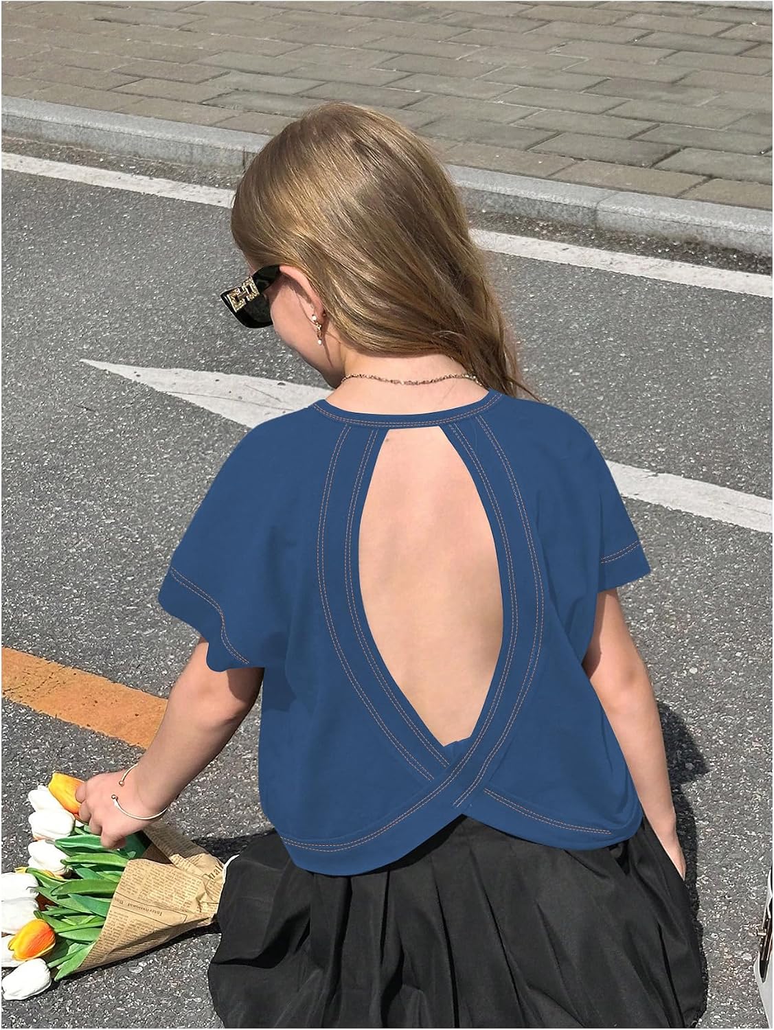 RoseSeek Girl's 2 Packs Open Back Backless Tops Short Sleeve T Shirts image 2