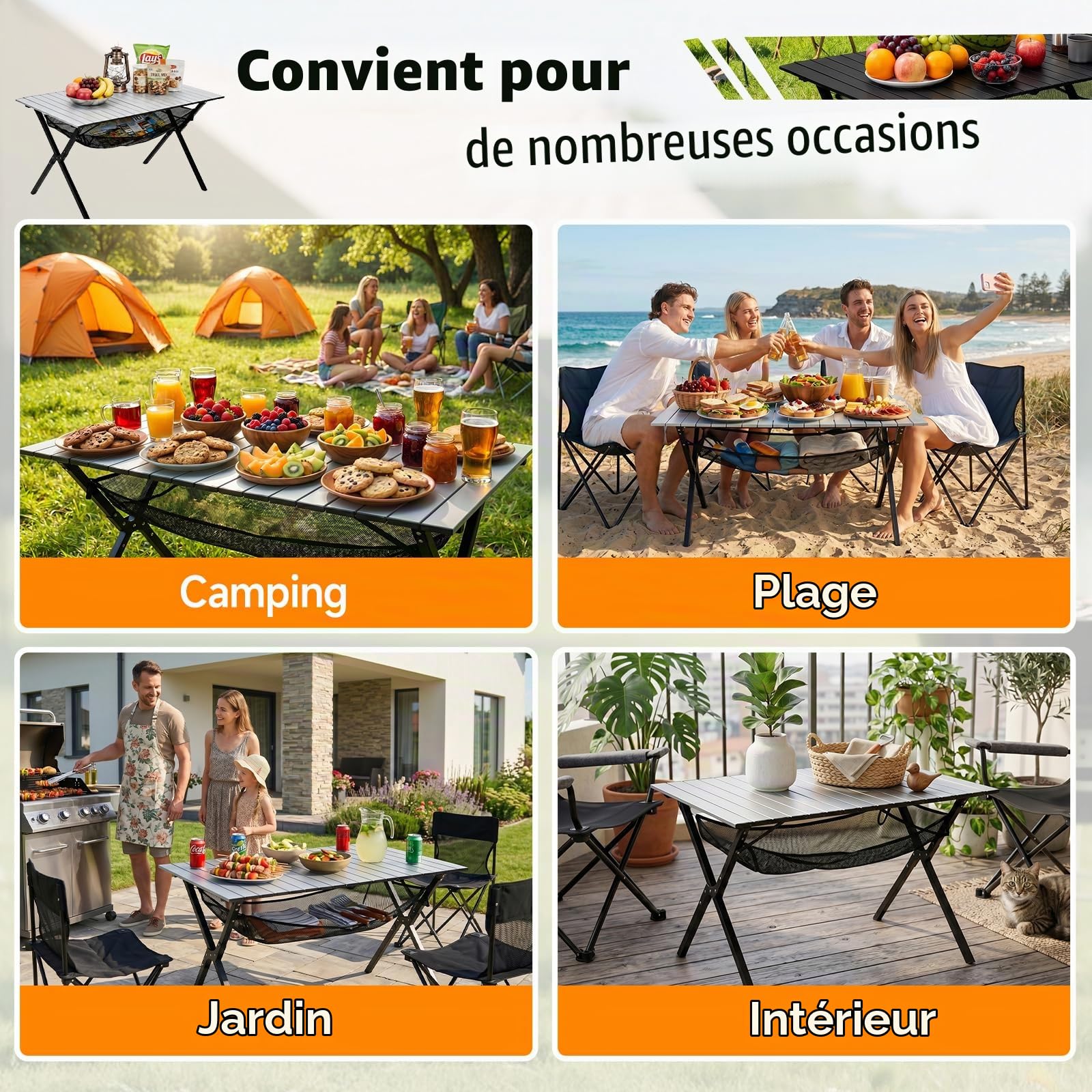 HAUSPROFI Table de camping pliable 120 x 70 x 70 cm pour 4 à 6 personnes, en aluminium, charge maximale : 100 kg, table pliante avec sac de transport, table d'extérieur portable pour camping