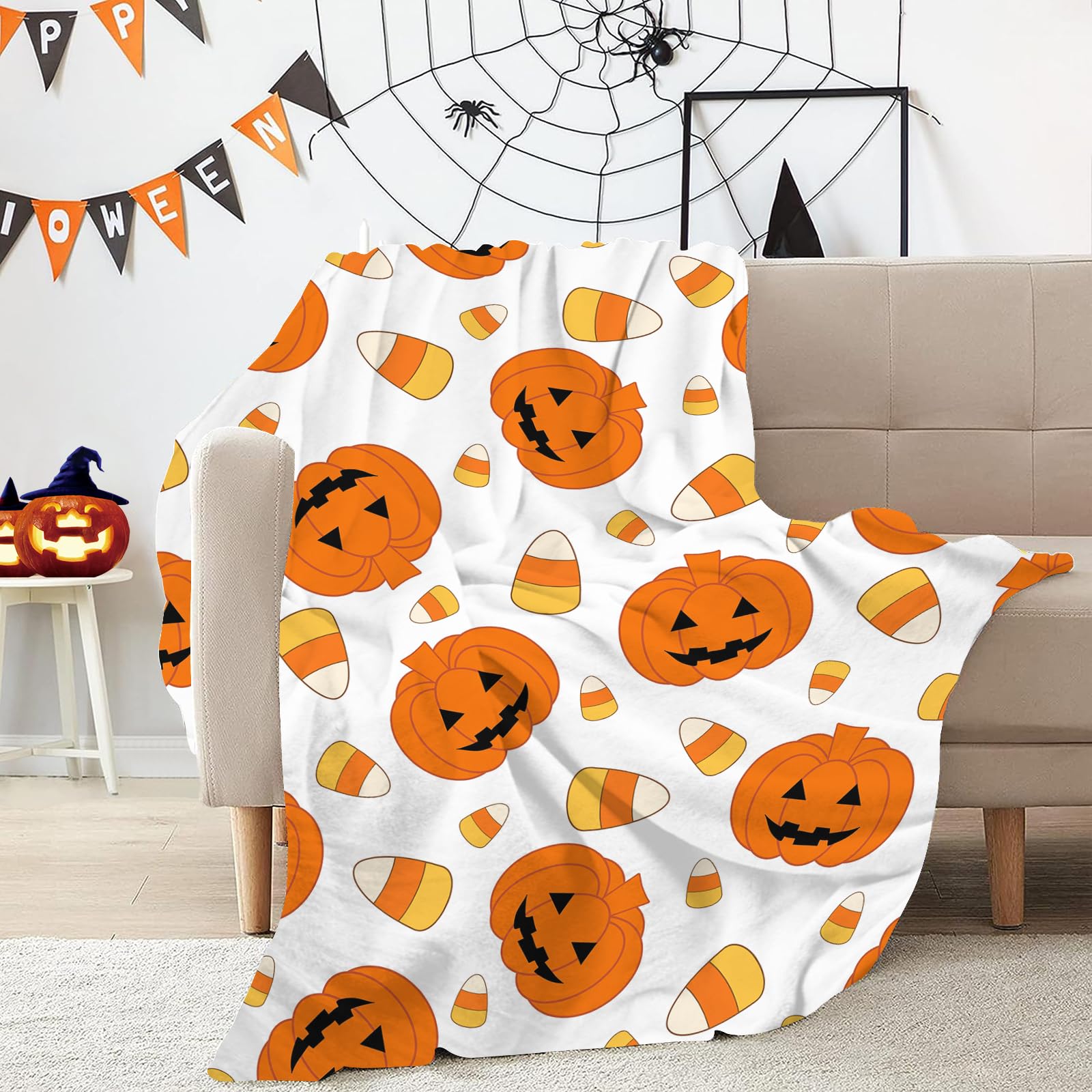 Qucarder Halloween Throw Blanket Fall Halloween Orange Pumpkins with Candy Corns Throw Blankets Lightweight Cozy Flannel Blanket for Bedroom Living Room Couch Sofa Home Decor 60x80 Inch - Image 3