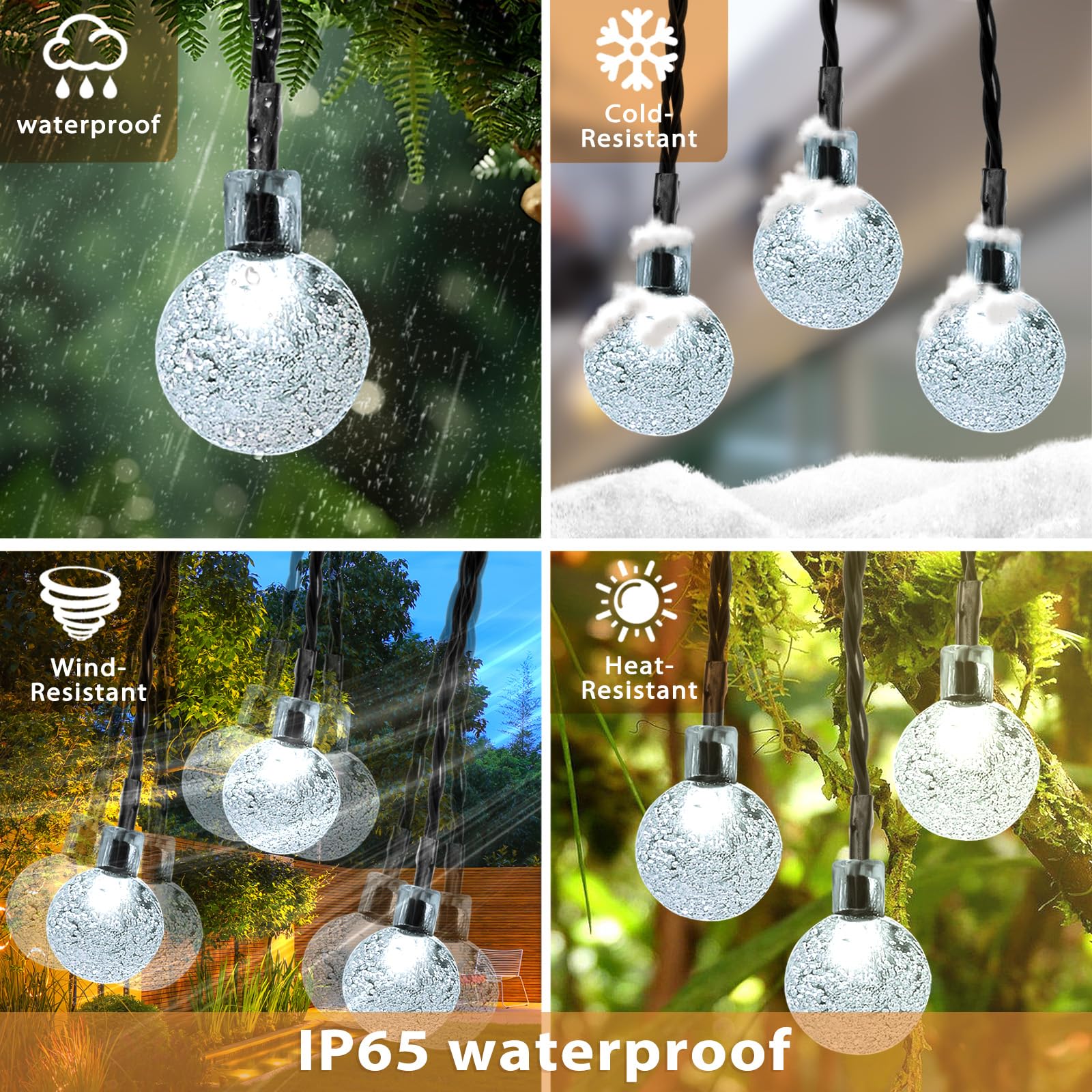 Guirnalda de luces solares para exteriores, 66 luces LED de 46 pies con 8 modos, cadena de luces impermeables para jardín, árbol, valla, patio, porche, fiesta, decoración de Navidad (blanco