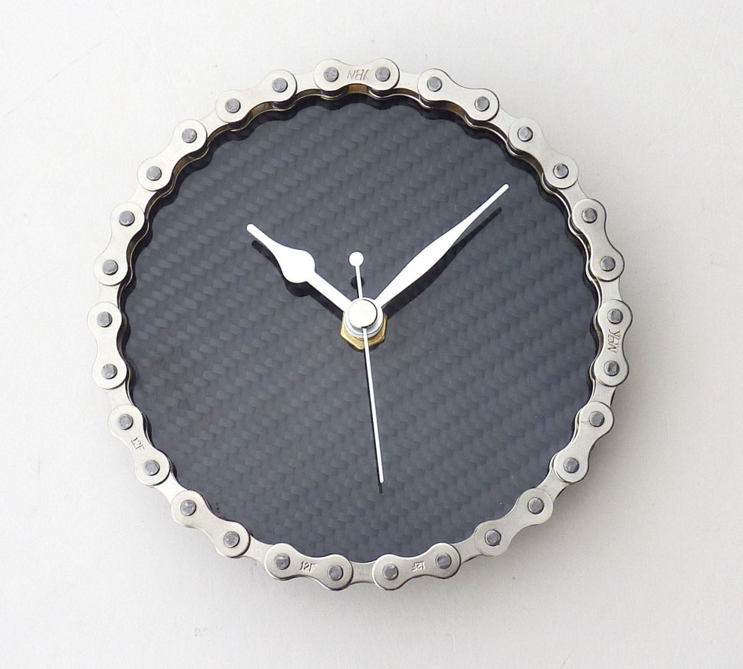 C3: Bike part chain wall or desk clock real carbon fibre guys mans office workshop cycling biker gift Silver & black 5"