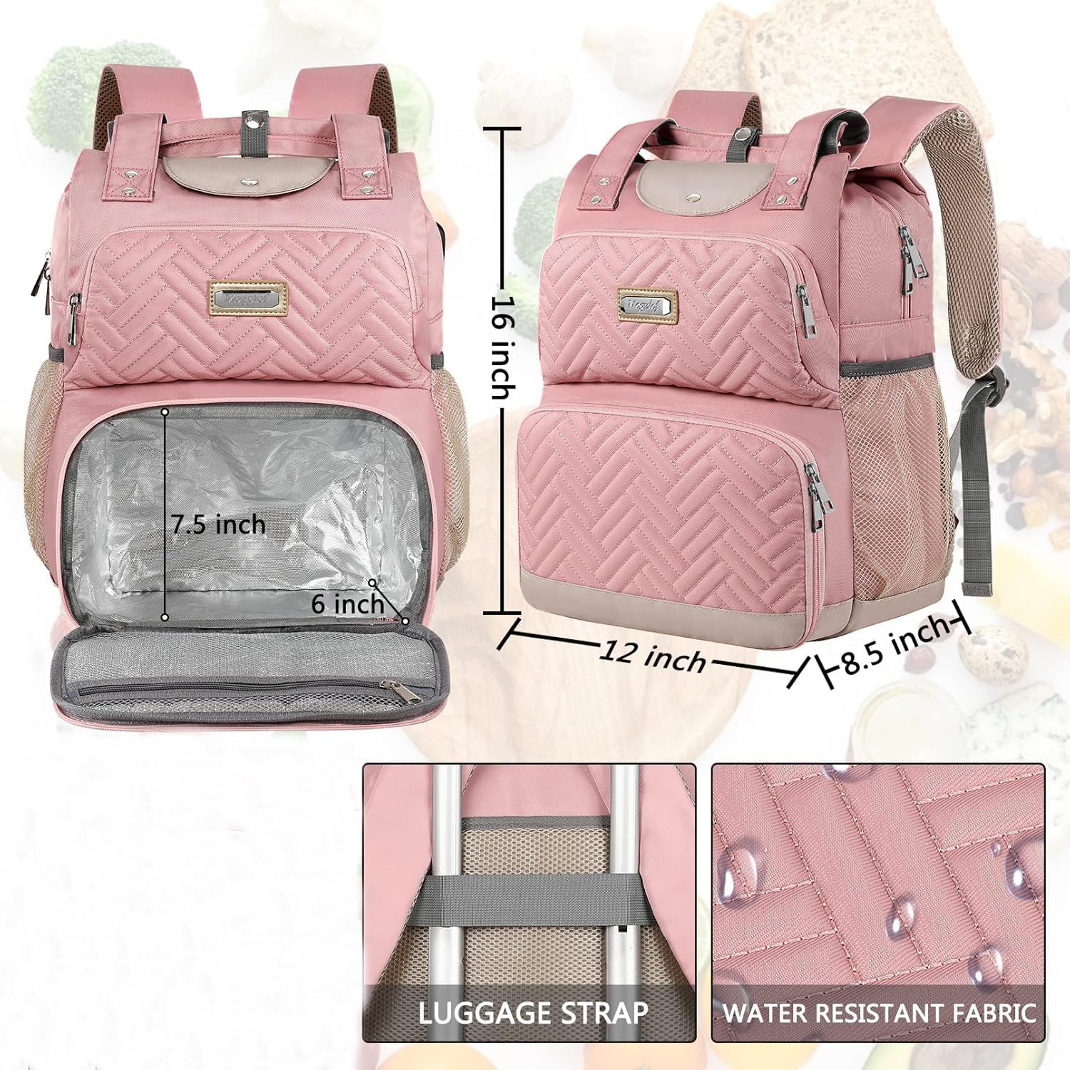 Mogplof Lunch backpack for women, Insulated Cooler Backpacks Lunch Box with RFID Pocket, Water-resistant BackPack, 15.6 inch Laptop College for Nurse Work Travel, Pink