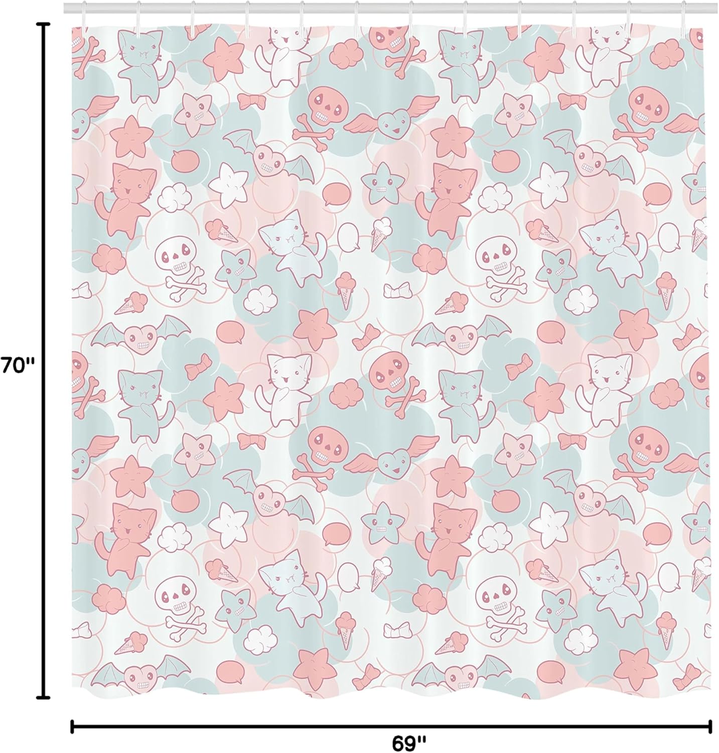 Ambesonne Cartoon Shower Curtain, Styled Cats Bats and Skulls Japanese Inspired Kawaii Design, Cloth Fabric Bathroom Decor Set with Hooks, 69" W x 70" L, Light Pink