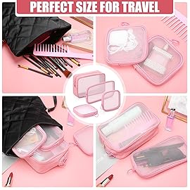Weewooday 4 Pcs Mesh Makeup Bag Mesh Cosmetic Bag Travel Toiletry Pouch with Zipper Mini Makeup Cosmetic Purse for Daily Accessory(Small, Large, Medium,Pink)