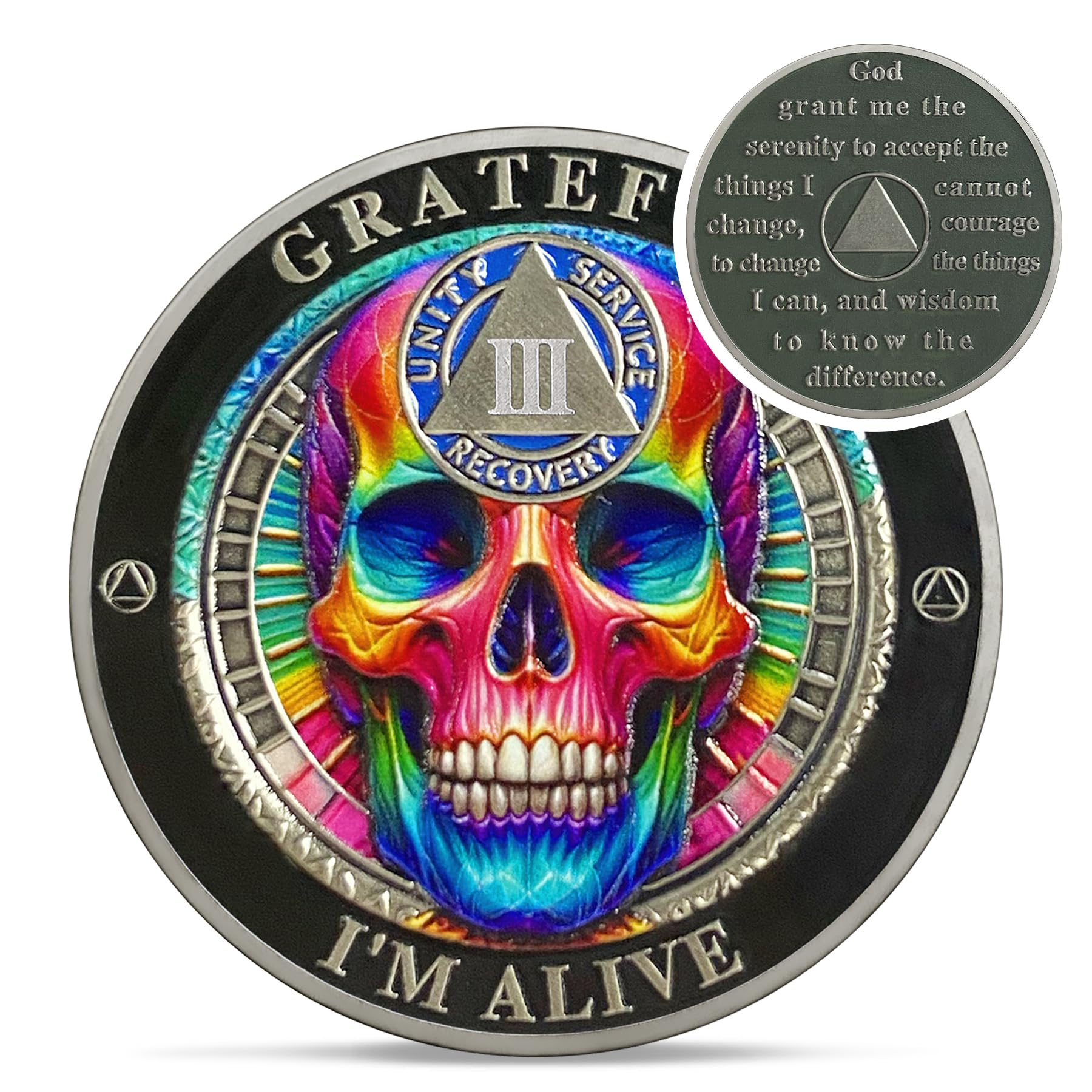 Rainbow Skull 3 Year Sobriety Coin - Grateful I'm Alive