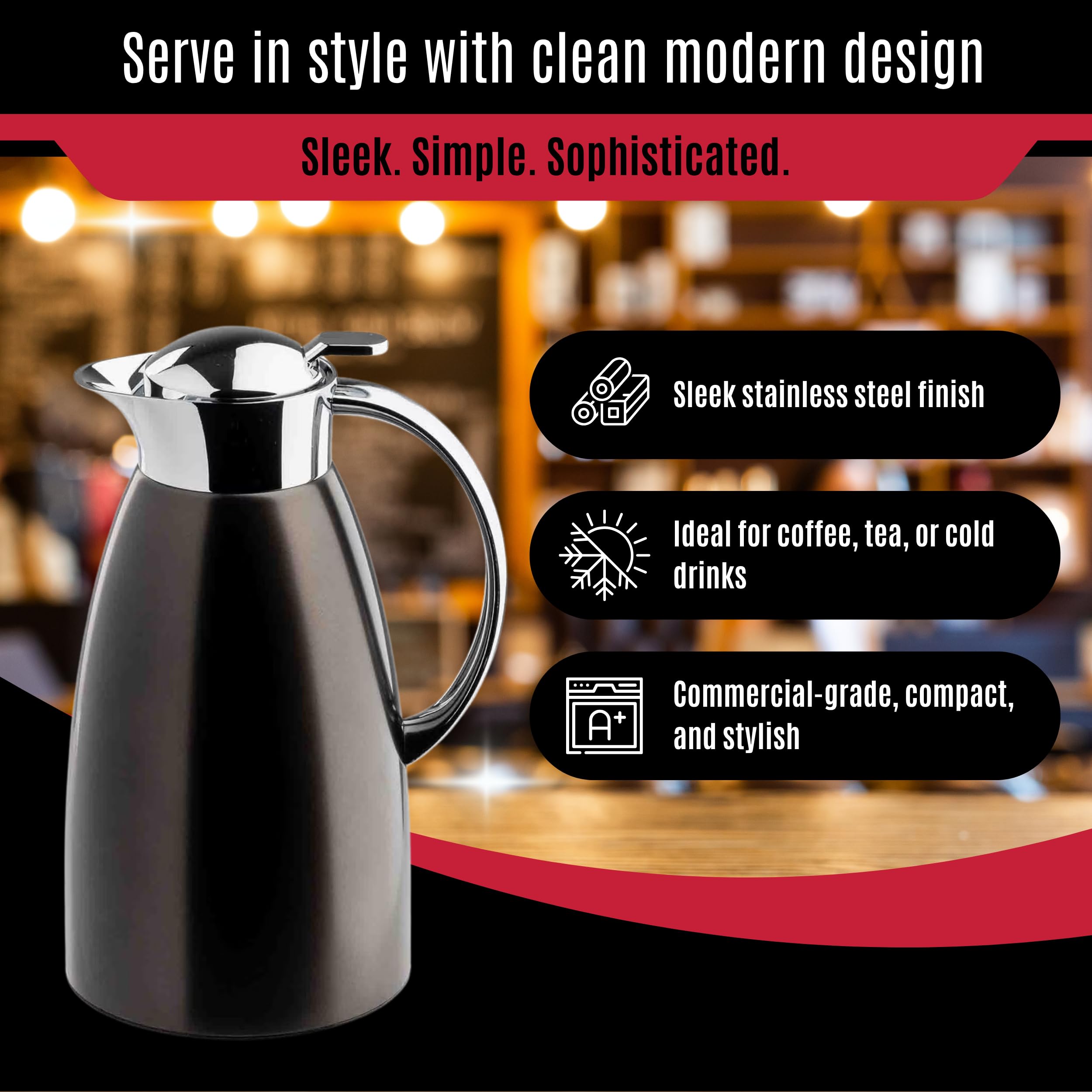 TableCraft 12682 - Jarra de café de acero inoxidable cepillado con acabado PVD negro, aislado al vacío, dispensador de café ligero a prueba de fugas, para cafeterías, restaurantes y catering