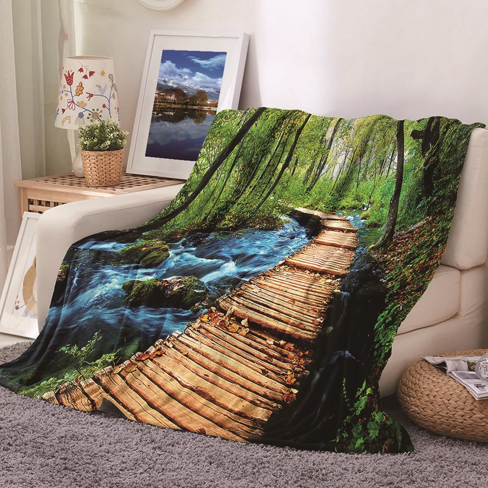 Couverture polaire en flannel 80x120cm bleu vert brun pour lit