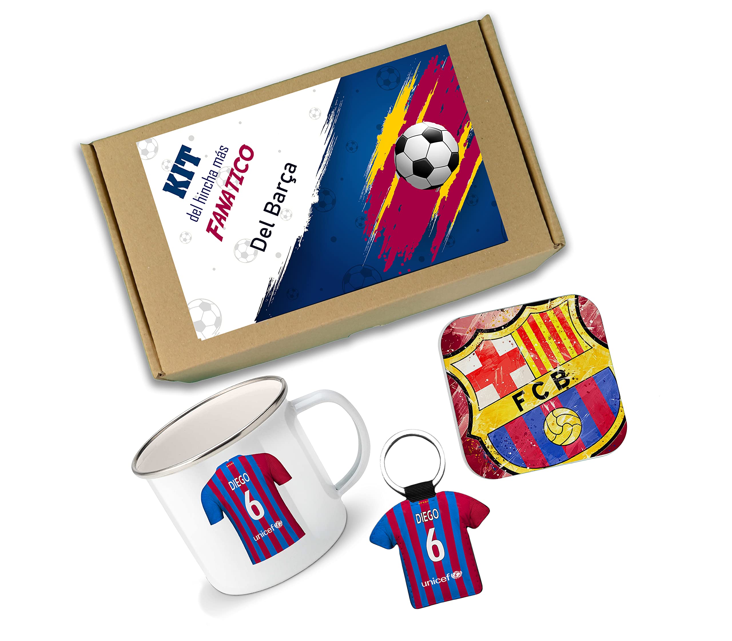 Caja de regalos Barcelona personalizada con nombre, taza del Barcelona, llavero del Barcelona, posavasos del Barcelona (Barça)