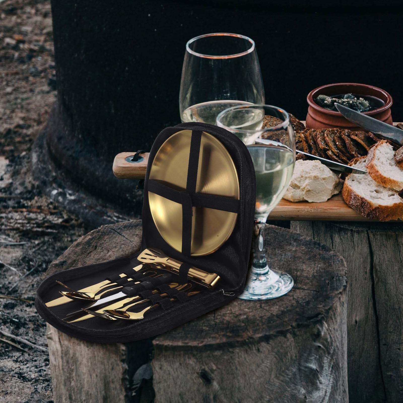 VALICLUD Campingbesteck aus Edelstahl Reisebesteck aus Edelstahl 1 Satz Goldfarben mit Aufbewahrungstasche und Etui Tragbar für Camping und Besondere Anlässe
