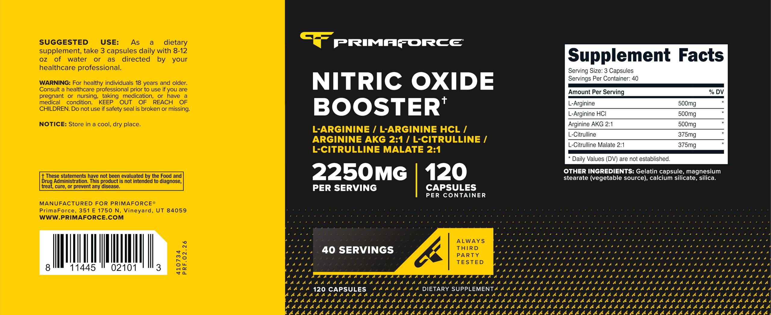 Primaforce Nitric Oxide Booster (2,250mg) 120 Capsules, 40 Servings — Amazon image 5