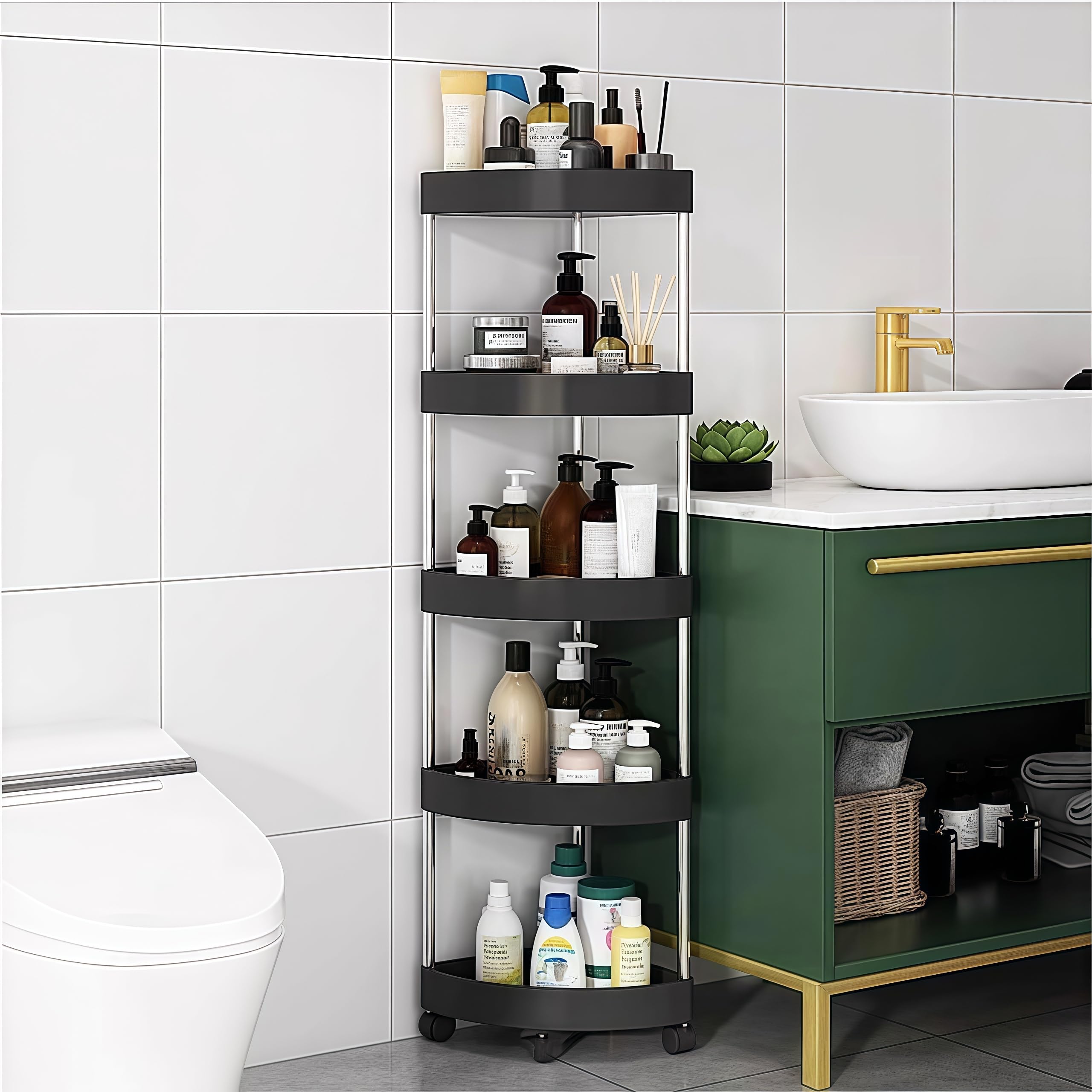 Vellaluna 5 Tiers Shower Caddy, Bathroom Corner Shelf Organizer with Wheels, Rust Proof Corner Open Storage Cart, Plastic Shower Shelves for for Bathroom, Kitchen, Laundry (Black)