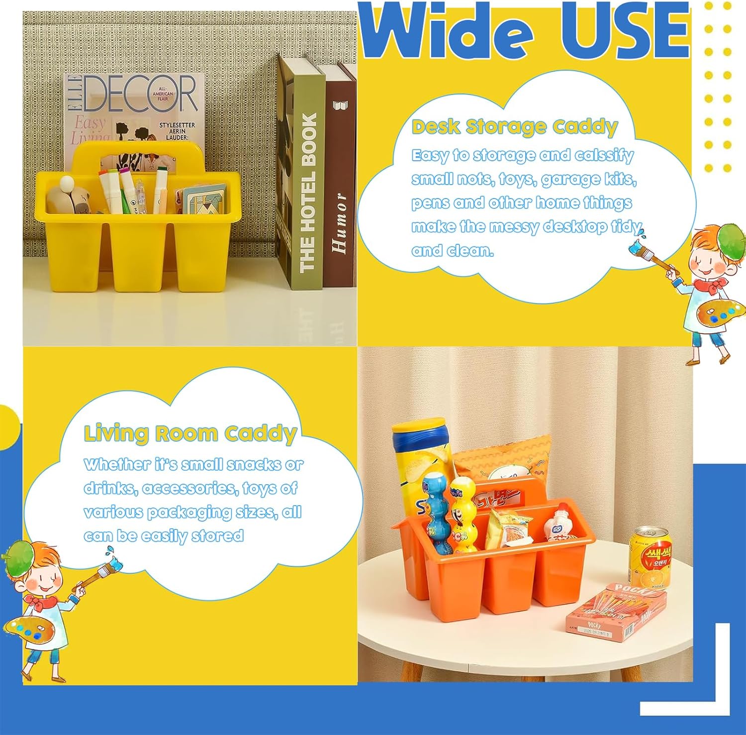 Haundry Classroom Caddy Storage Basket with Handle, 6 Pack Plastic Arts Office Crafts Caddy 4 Compartments for Kids, Pencil, Crayon, Marker, School Supplies, 6 Colors