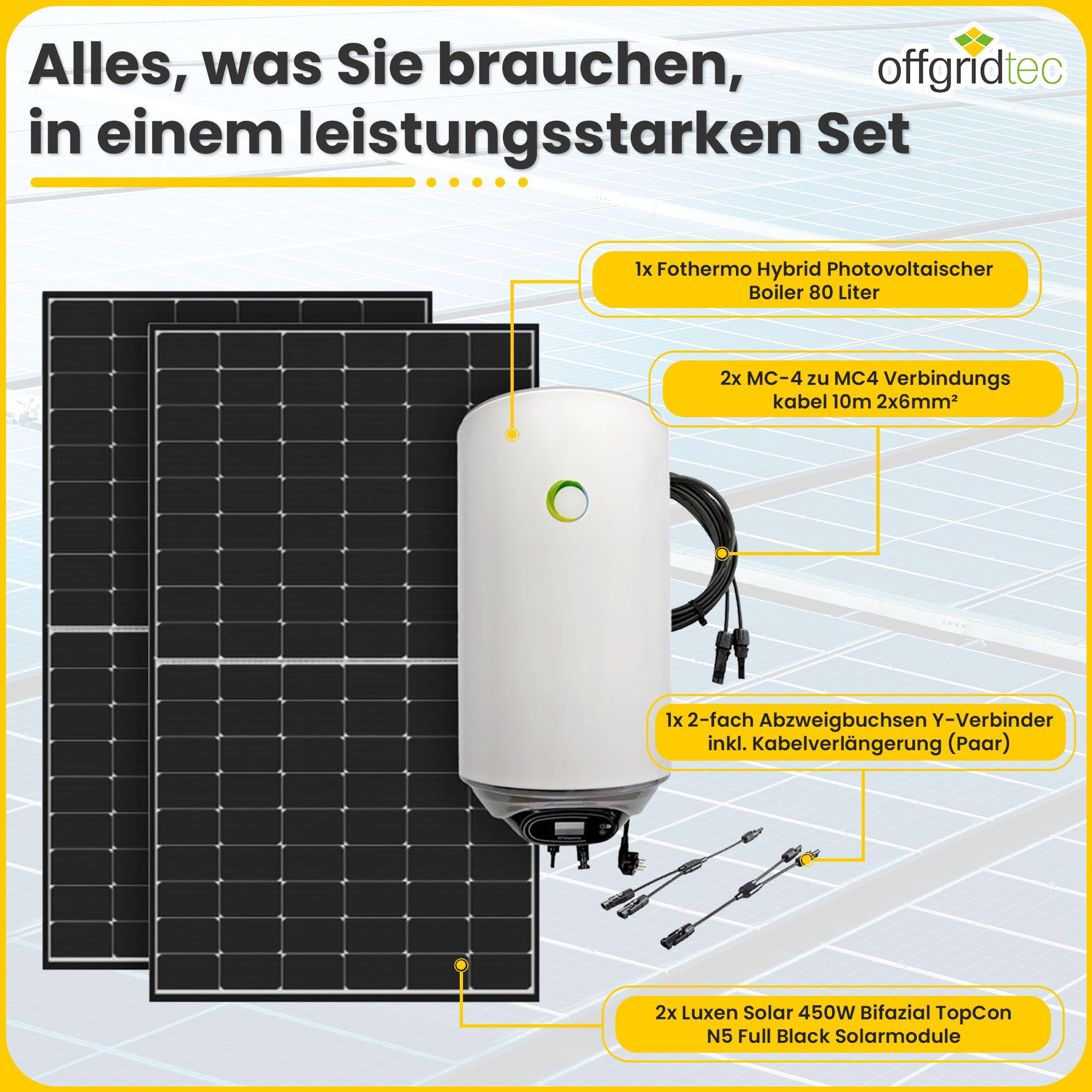 Offgridtec Sistema scaldabagno solare 900 W Caldaia ibrida Fothermo 80 l, Plug & Play, backup 230 V fino a 1500 W, temp. massima 65 °C, doppio pannello solare bifacciale