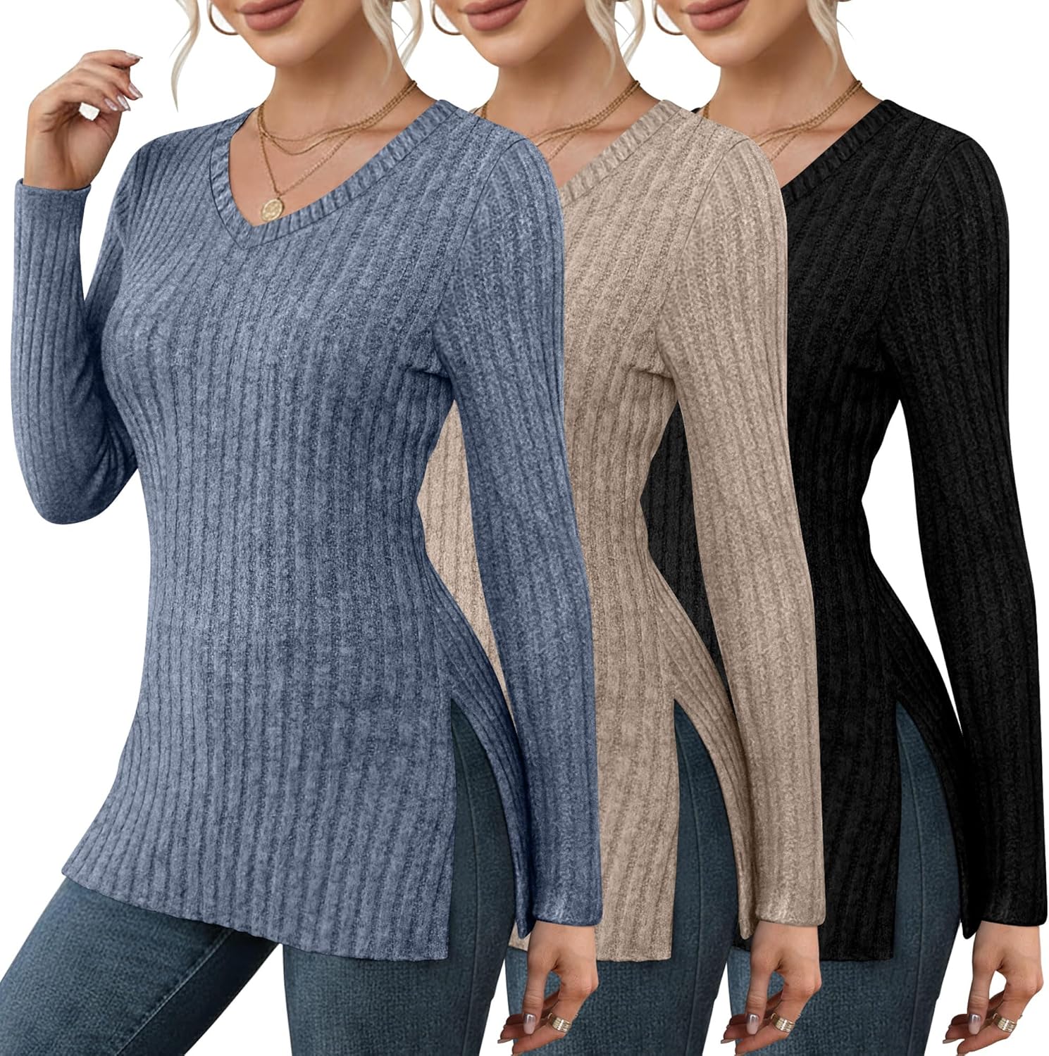 3 Pack Women's Sweaters V Neck Slim Fit Long Sleeve Sweater Lightweight Knitted Ribbed Tunic Tops with Side Split