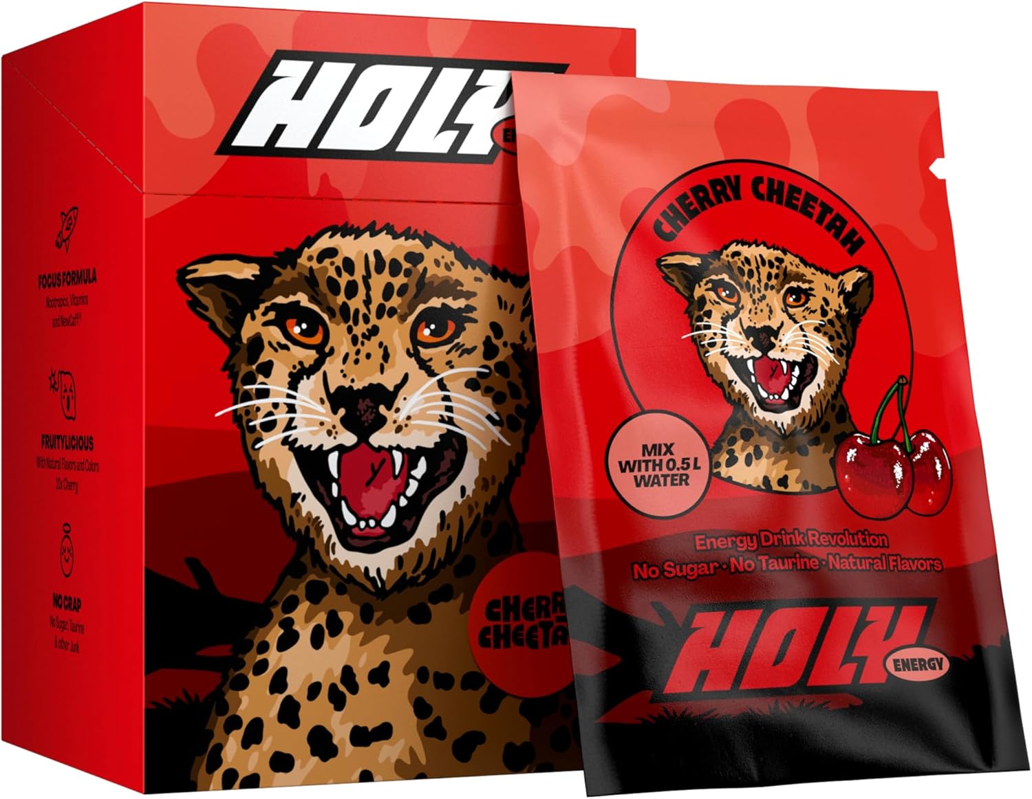 HOLY Energy Gaming Booster 10 Tasting Box “Cherry Cheetah” with Cherry Flavour Powder | 10 portions with NewCaff & Green Tea Extract | Focus Drink | Vegan with 100% natural fruit flavours