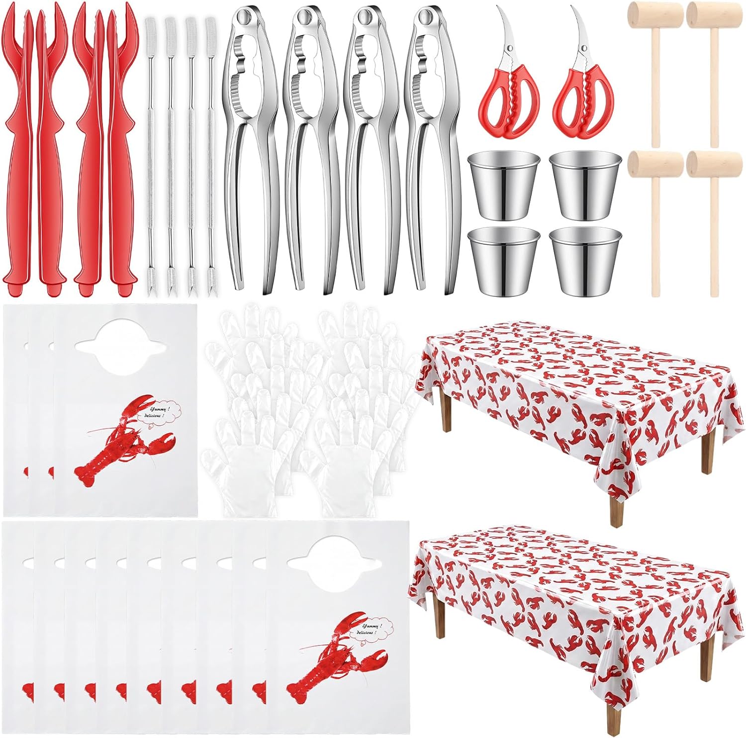 48 Pcs Seafood Tools Set Include Crab Crackers Forks/picks Shellers Seafood Scissors Hammer Dipping Sauce Cups Bibs Disposable Gloves Tablecloth(Crab)