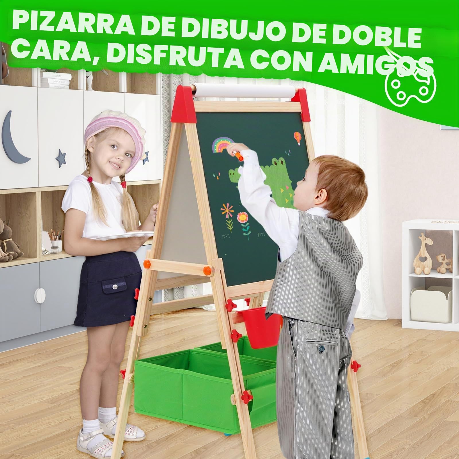 Caballete para Niños 3en1,Caballete Pintura Niños de Altura Ajustable. Pizarra para Niños con Rollo de Papel,Pinceles, Números y Letras,Bolsa de Almacenamiento.Regalos para kids Mayores de 3 Años