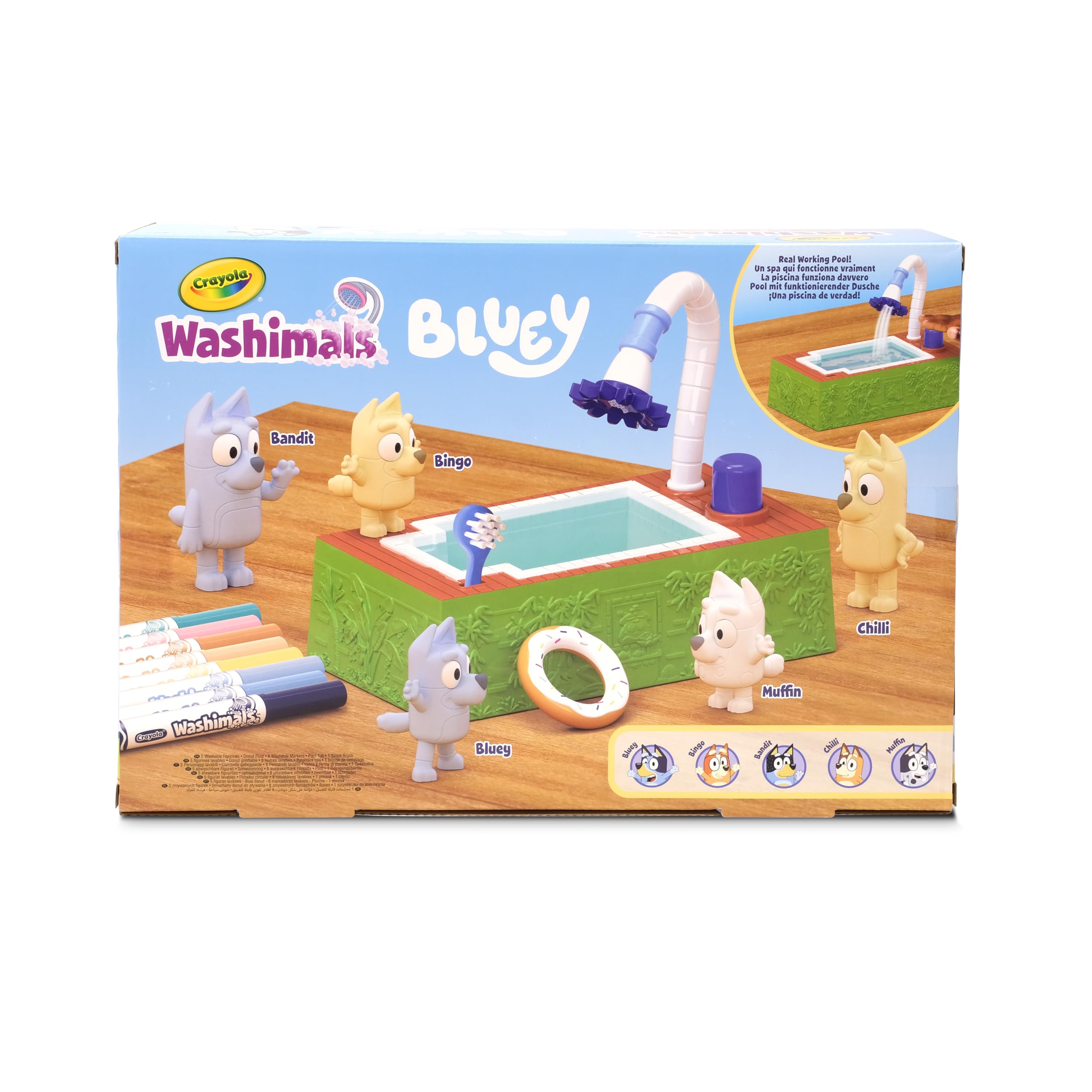 Crayola - Washimals Bluey, zestaw kreatywny zawierający basen i 5 szczeniąt, 8 flamastrów zmywalnych, działający basen, koło ratunkowe, szczoteczkę, zabawa i prezent dla dzieci, od lat 3, 74-0257