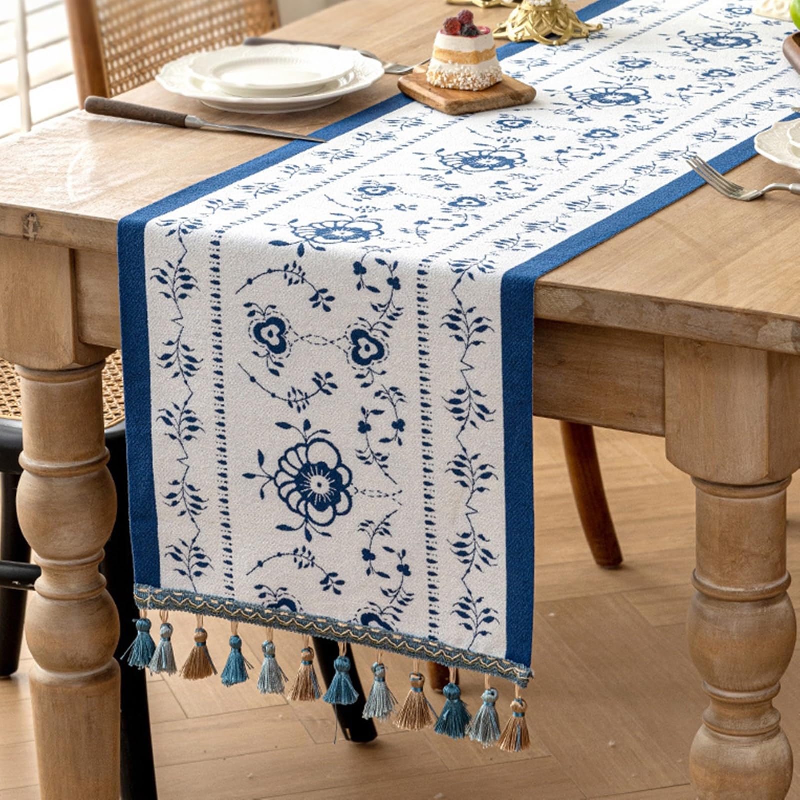 Tischläufer Hochzeit Polyester, Tischläufer Landhausstil 35x240 cm, Leinenoptik mit Blauem Blumenjacquard