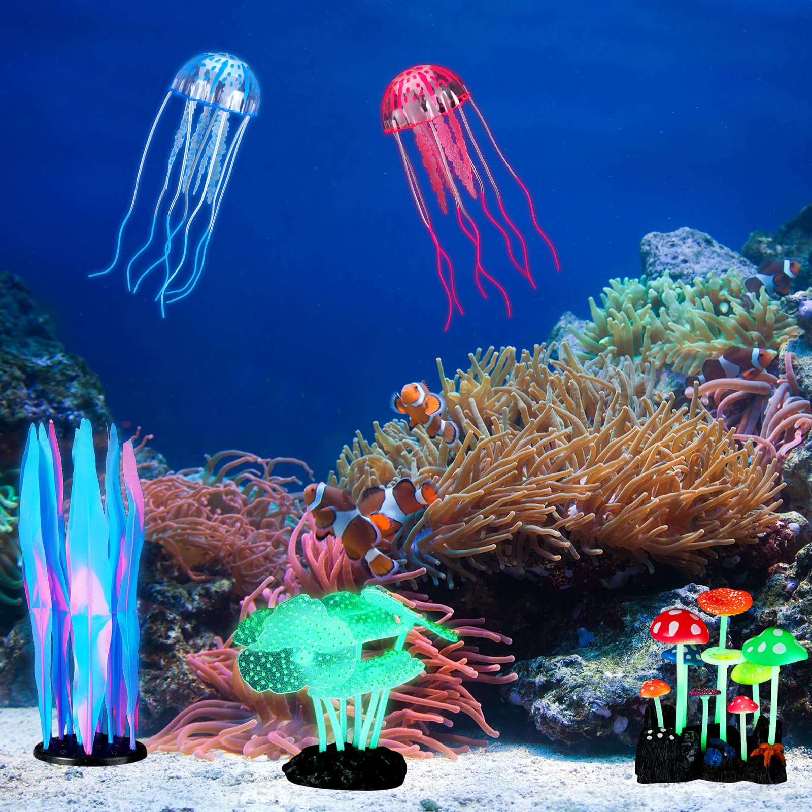 Frienda Lot de 8 plantes lumineuses pour aquarium avec 2 styles de varech, anémone de mer, corail artificiel, méduse, feuille de lotus, champignon pour aquarium (bleu, rose)