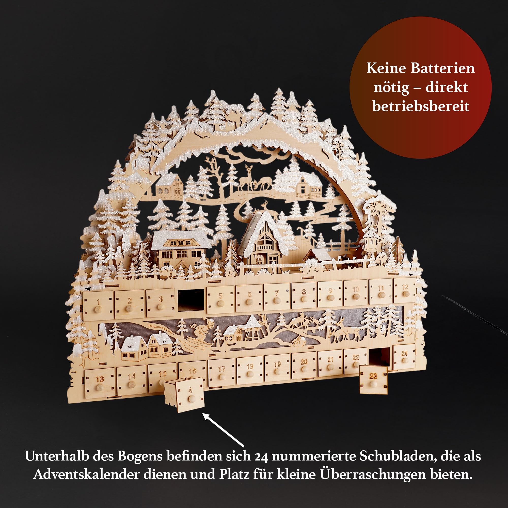 HGD - LED XL-Lichterbogen mit Adventskalender - Weihnachtsdeko aus Holz mit Timerfunktion - Weihnachtskalender zum Befüllen, 24 Schubladen für kleine Überraschungen, Geschenkidee - 58 x 48 x 13 cm