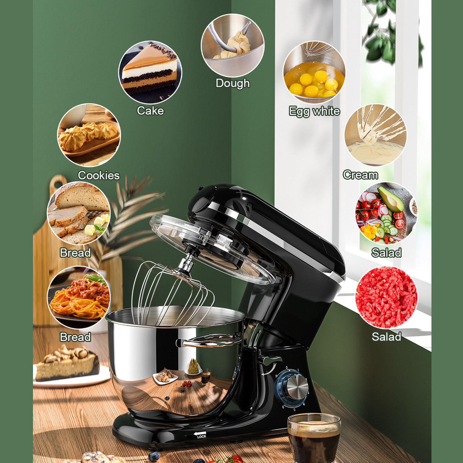 3-in-1-Multifunktionaler Standmixer/Mixer/Fleischwolf – 7,5 Qt Edelstahlschüssel, 1,5 l Glasbehälter, stumm/6 Geschwindigkeiten – für 8–12 Personen Familienparty Abendessen machen