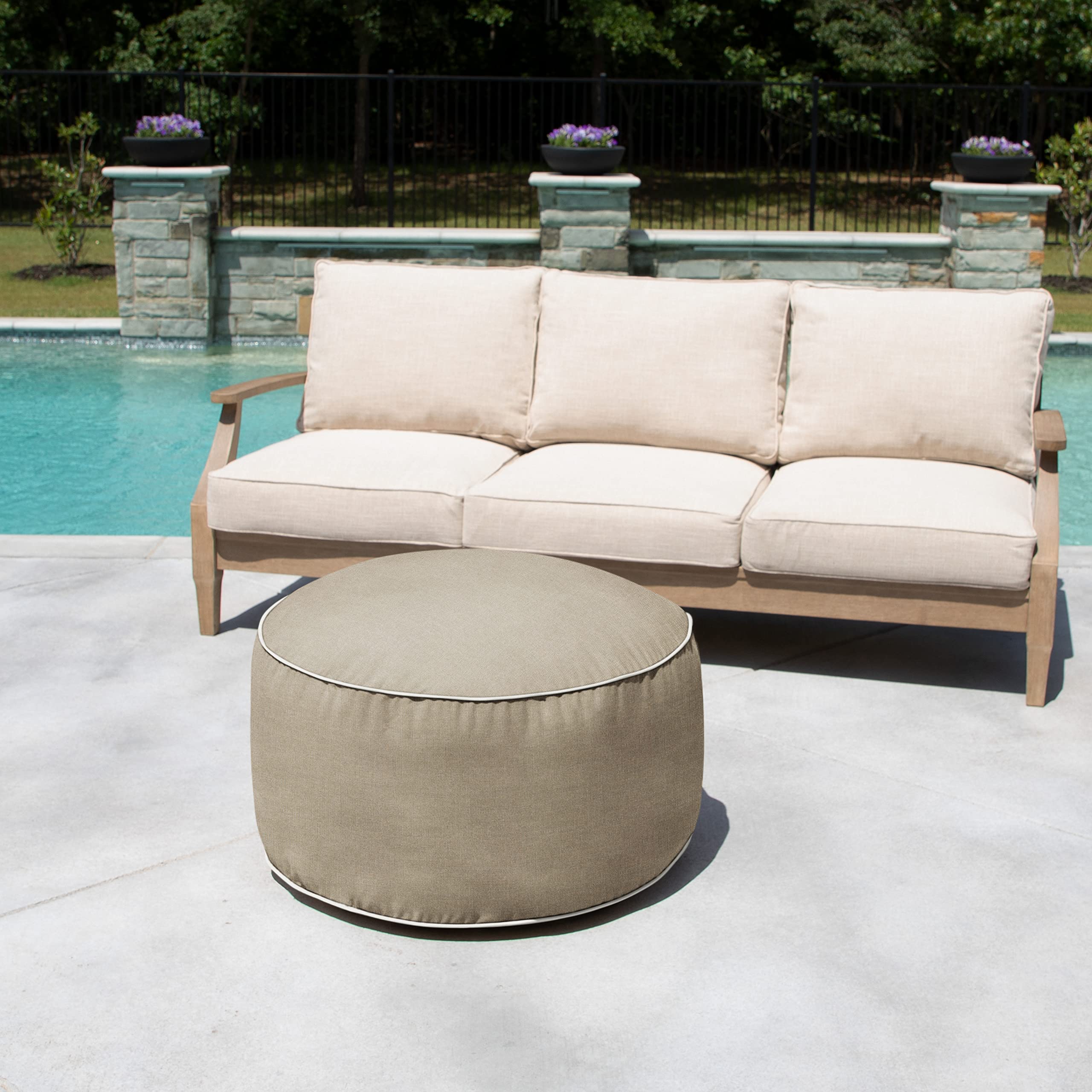 Sorra Home Sunbrella Corded Pouf Cushion - Round, Outdoor Stuffed Plush Ottoman & Foot Rest Stool - Balcony, Patio, Poolside Furniture Accessory - Canvas Taupe (30