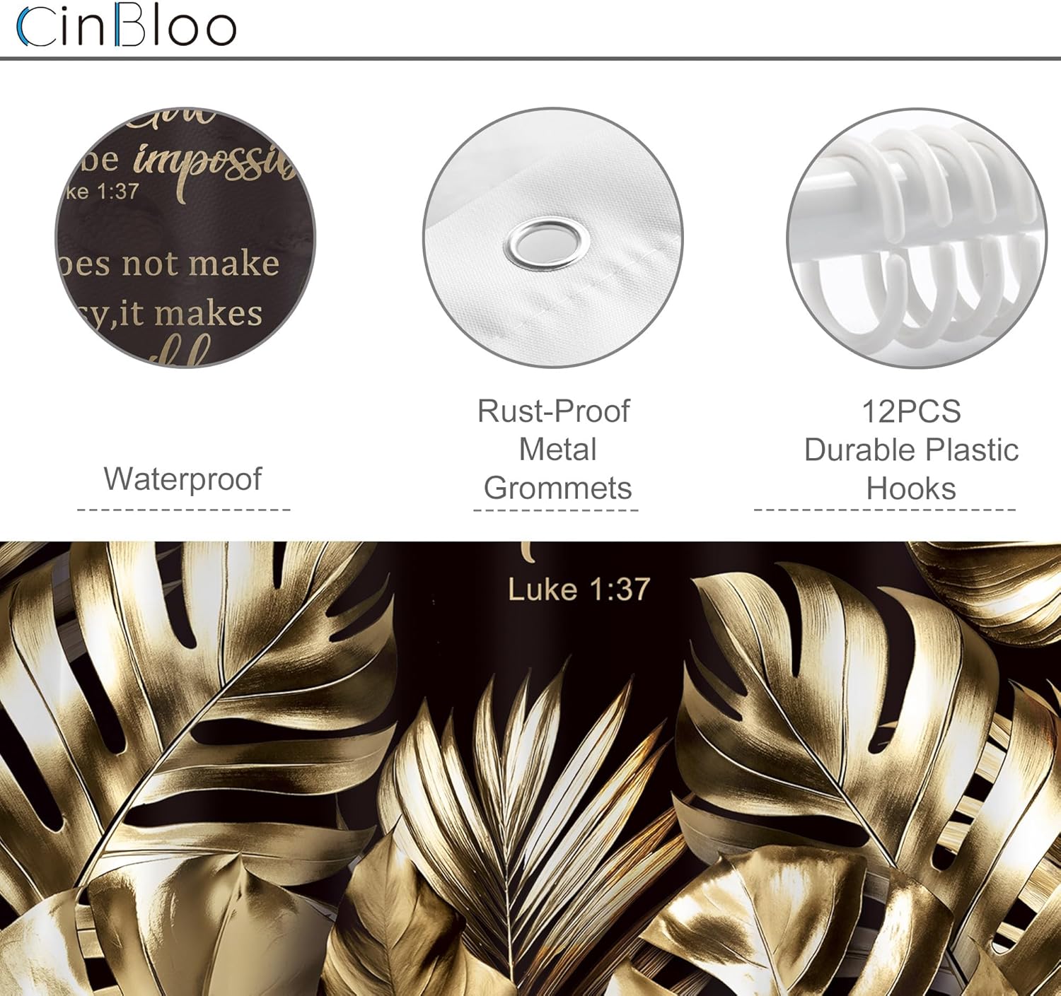 Cinbloo Black and Gold Shower Curtain 72Wx72H Modern Christian Bathroom Decor Tropical Bible Verse Monstera Quotes Palm Leaves Neutral Bath Curtain Fabric with 12 Hooks