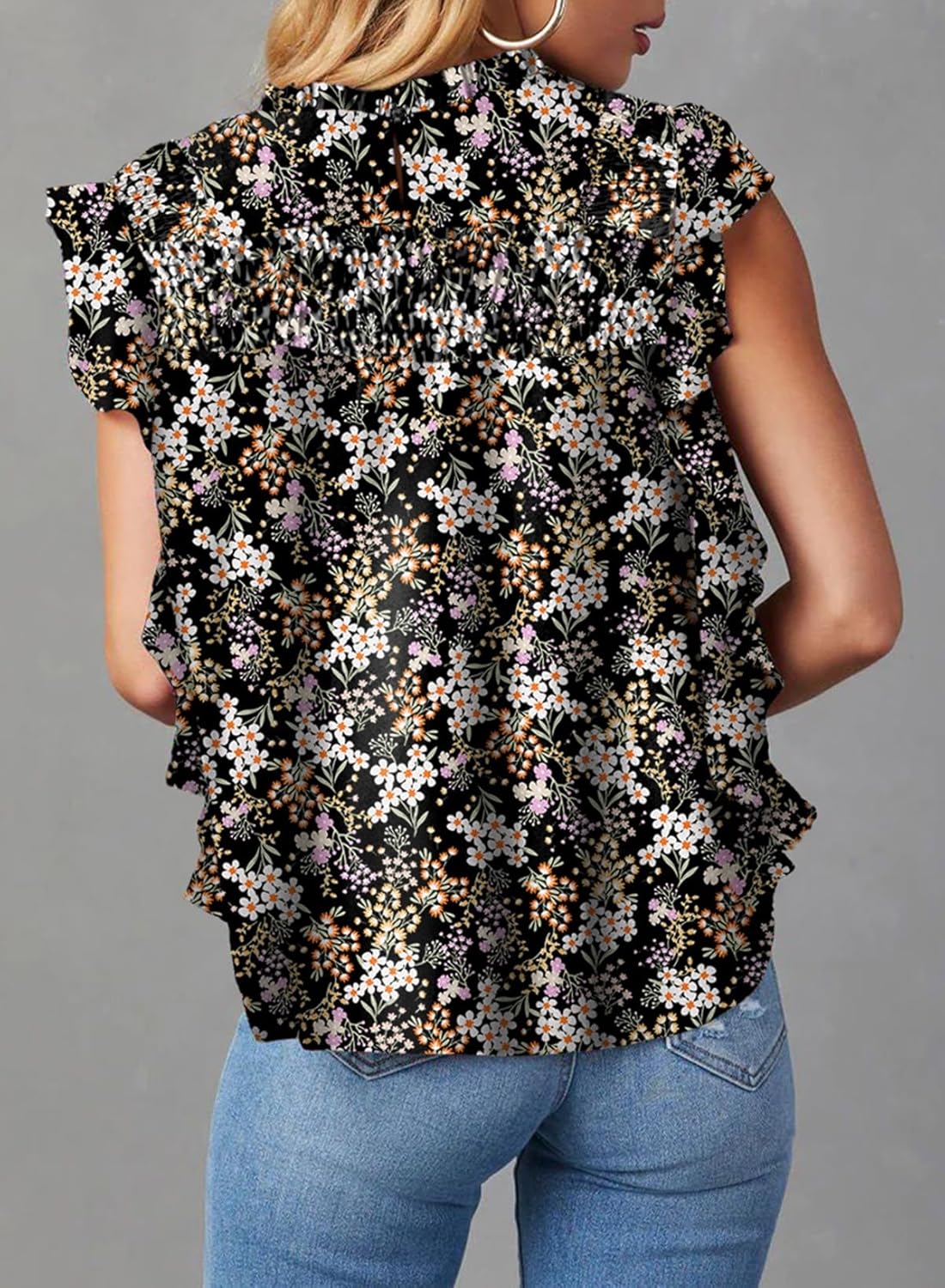 Dokotoo Womens Summer Tops Casual Crewneck Floral Print Shirts Smocked Ruffle Short Sleeve Babydoll Blouses - Image 4