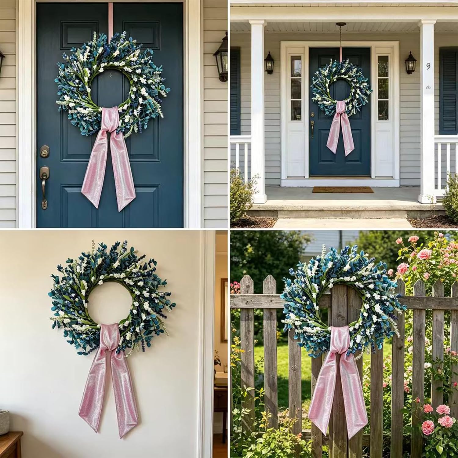 22 Inch Blue Floral Wreath for Front Door, Artificial Spring Summer Wreath with Free Pink Sash, All Seasons Eucalyptus Greenery Wreath for Indoor Outdoor Home Wall Wedding Decor