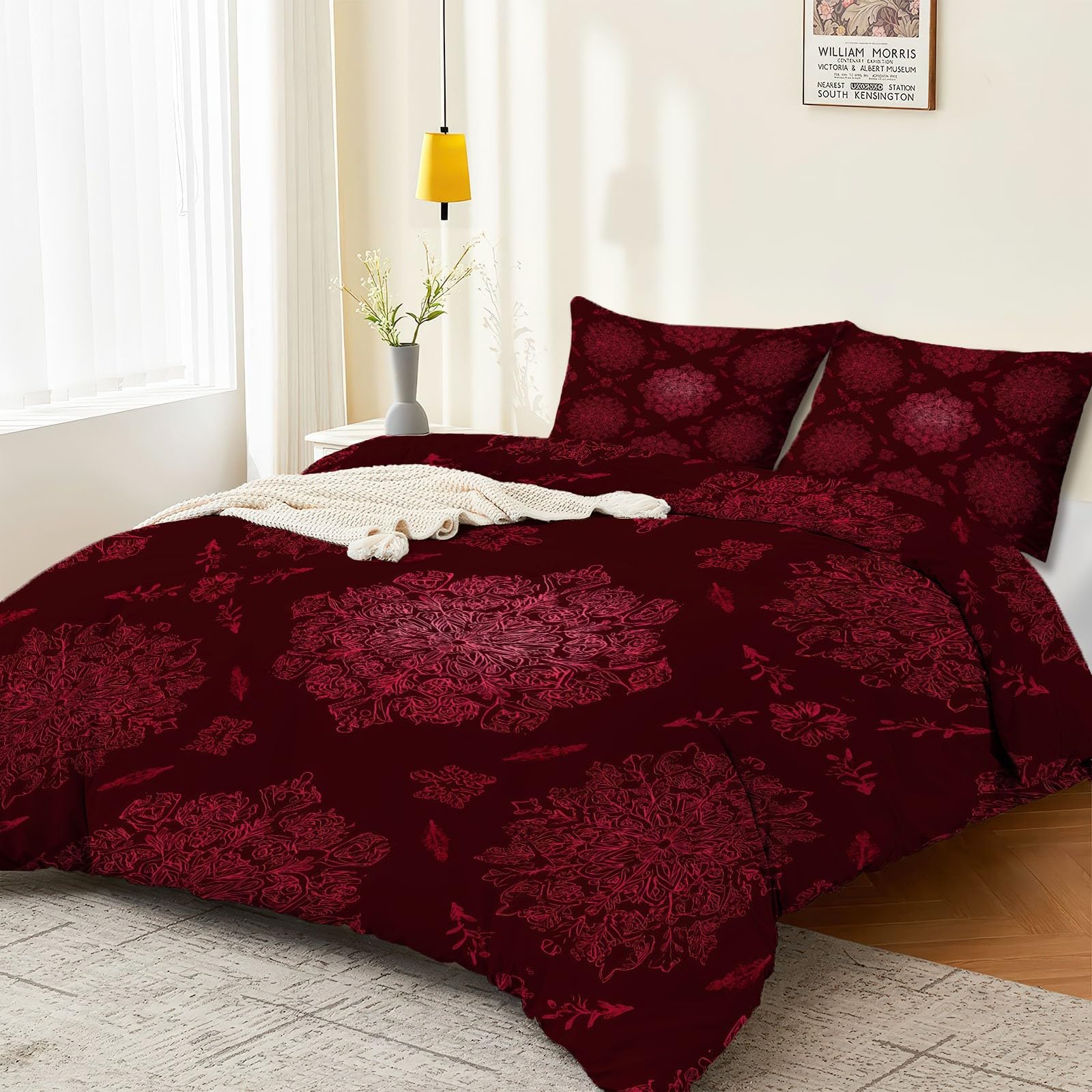 Biancheria da letto moderna da 155 x 220 cm, 3 pezzi, motivo natalizio con fiocchi di neve, reversibile, in morbida microfibra, con chiusura lampo e 2 federe da 80 x 80 cm, colore: rosso
