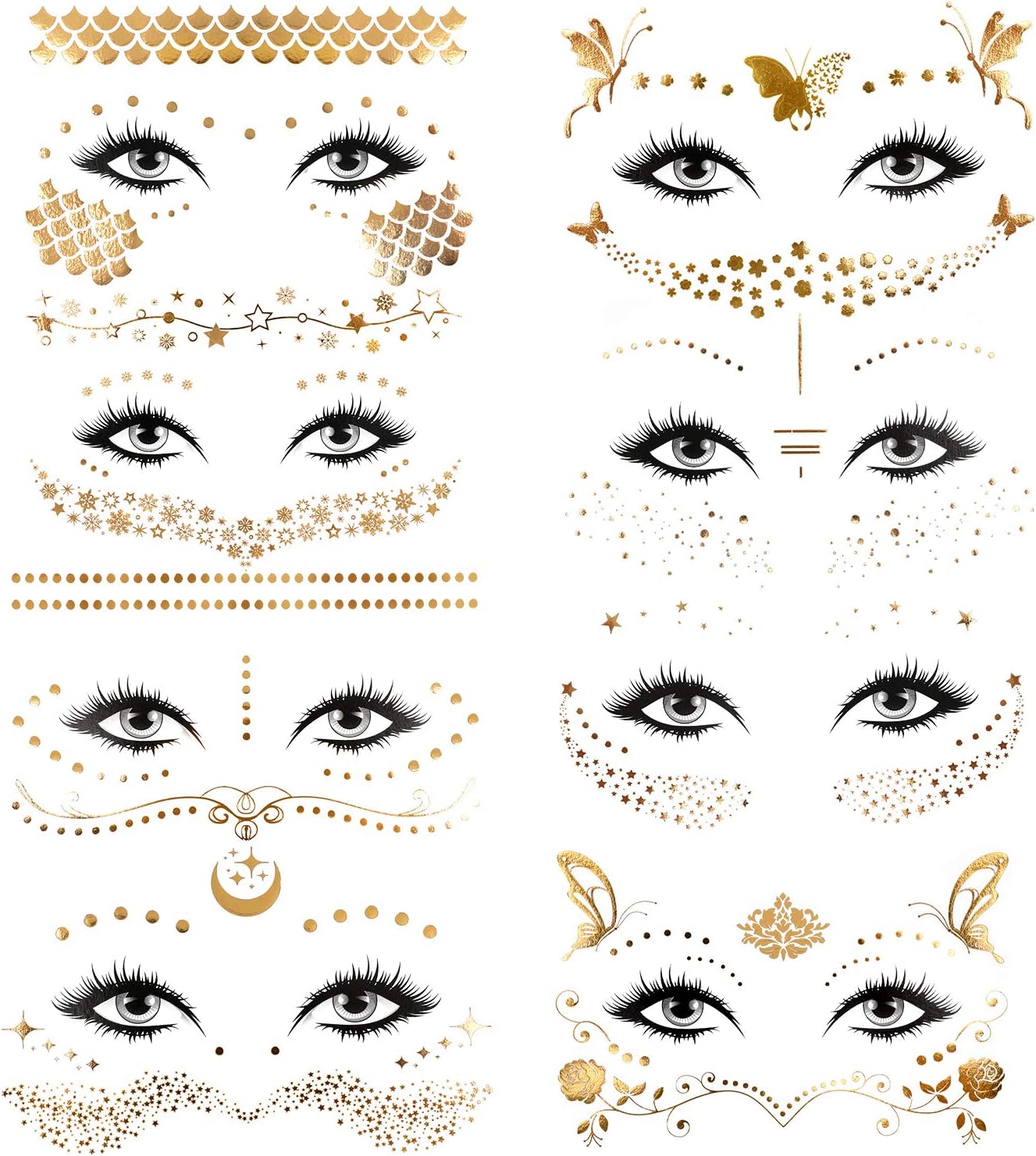 Konsait 8 Sheets Face Tattoo Sticker Metallic Temporary Transfer Tattoo Waterproof Face Jewels for Women Girls Make Up Dancer Costume Parties, Shimmer Glitter Gold Tattoos,Butterfly Star Freckle Scale