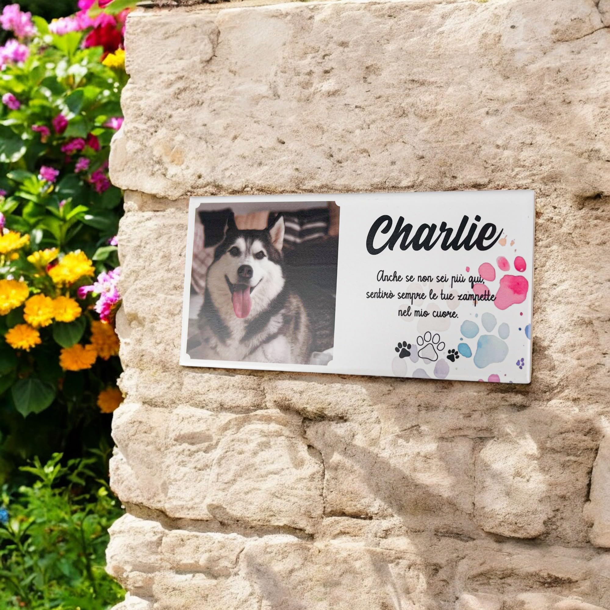 Albalù Targa lapide Cane Commemorativa Personalizzabile in Gres Porcellanato Misura 10x20 cm per lapide, cimitero o Interno, con Foto, Nome, Date e Dedica